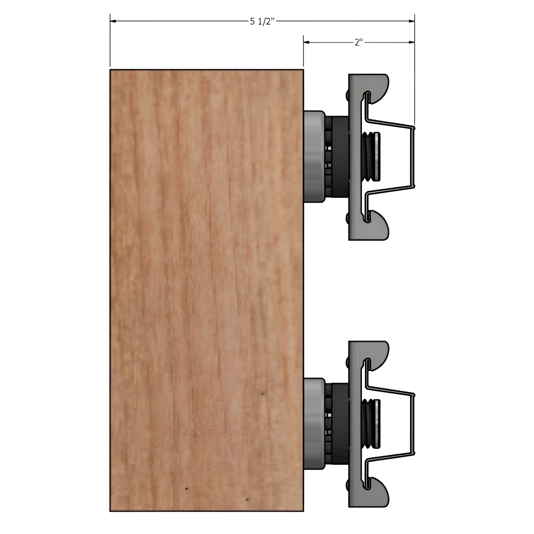 Section drawing of two PAC RSIC-2 clips mounted to a 5 1/2 in wood framing member with furring channel snapped in, showing the 2 in clip-and-channel build-out.
