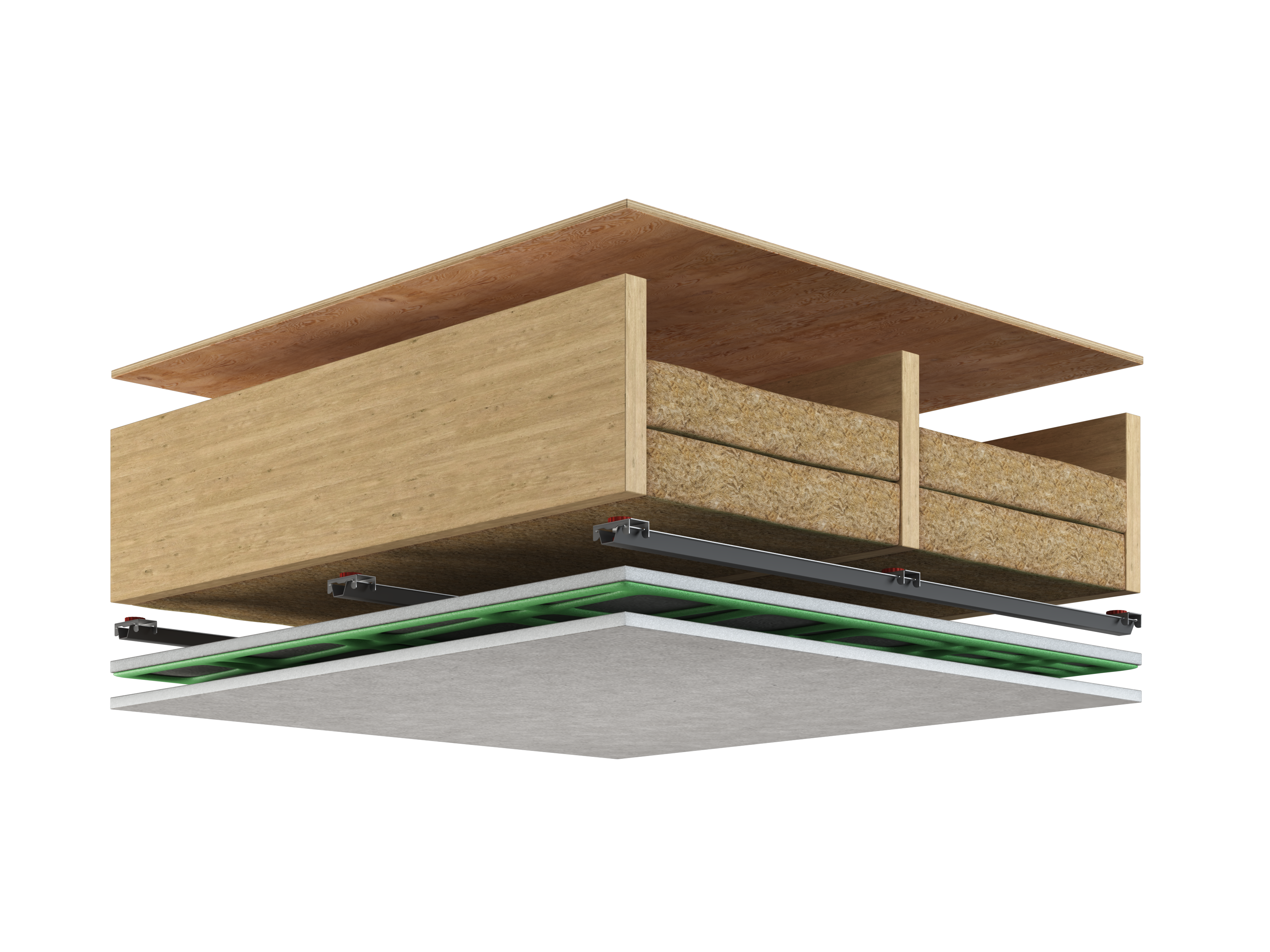 Cutaway ceiling assembly diagram: Rockwool in the joist bays with A237R clips, hat channel and Green Glue damped drywall