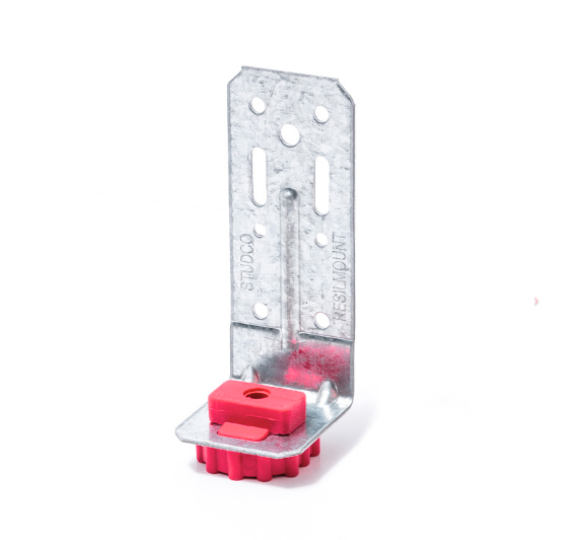 Resilmount A48R right-angle sound isolation bracket — galvanized steel L-bracket with red thermoplastic rubber isolator, front view.