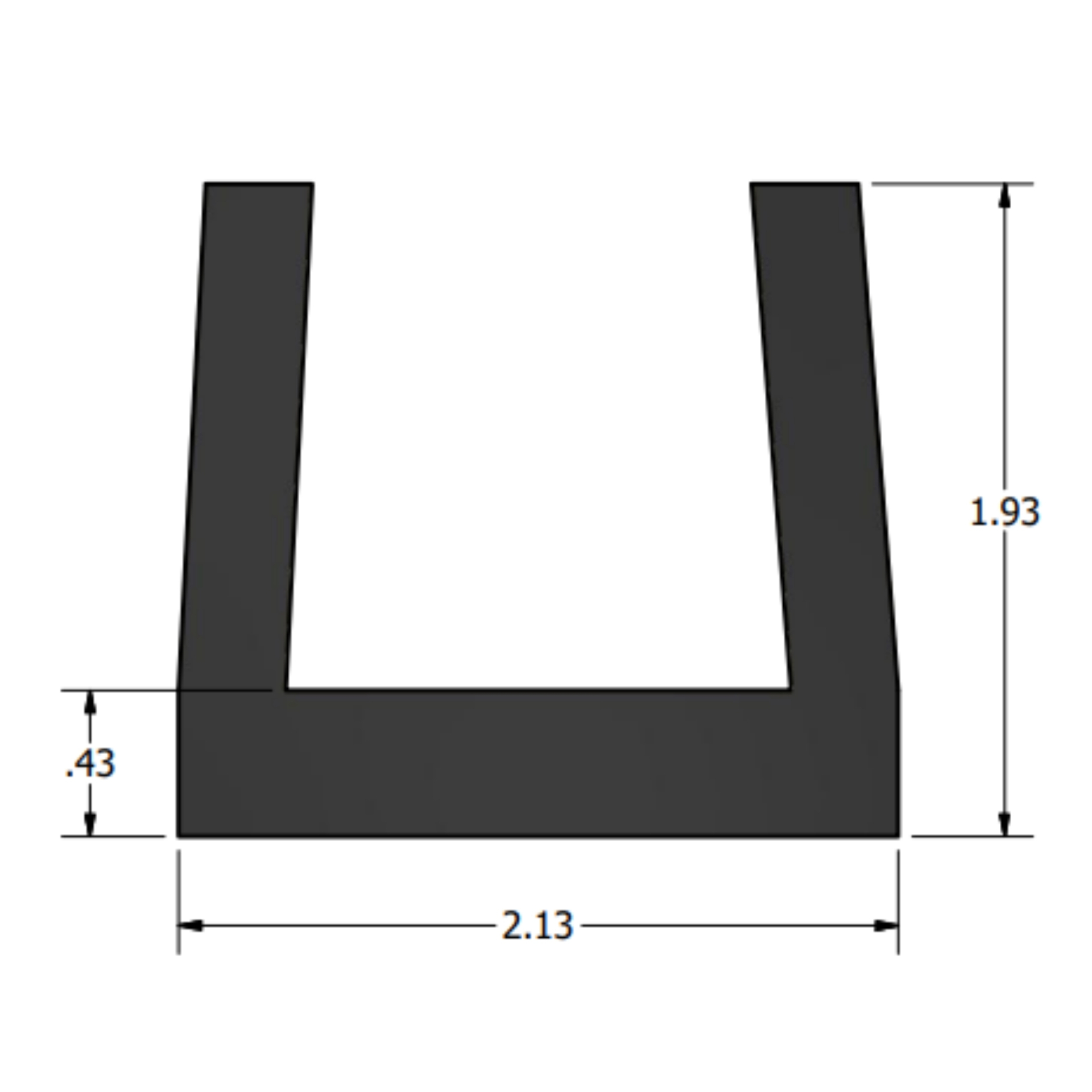 RSIC-Joist Isolator dimensioned drawing: 2.13 in. overall width, 1.93 in. overall height, and a 0.43 in. base thickness forming the U-channel that seats over the joist.