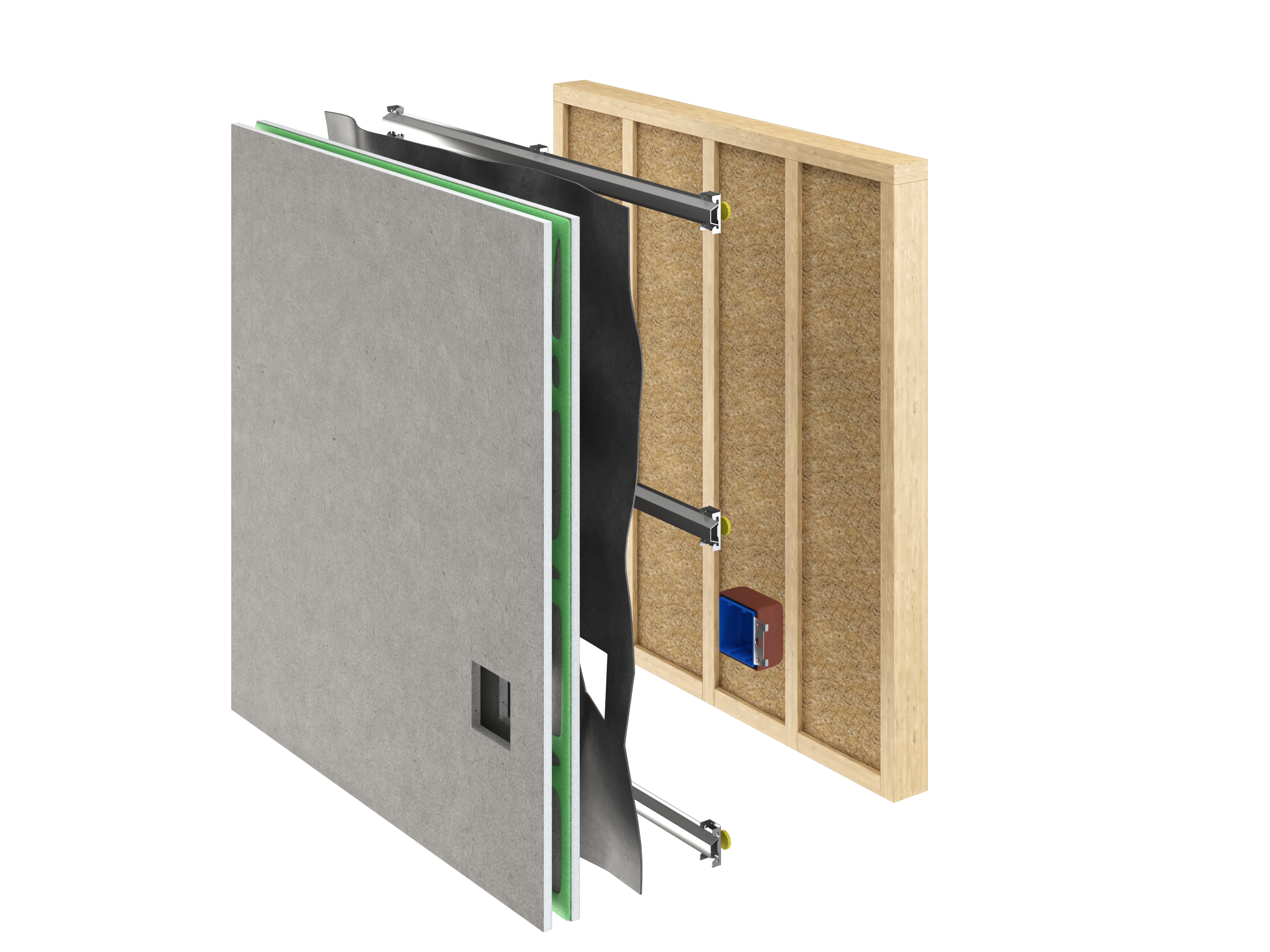 Cutaway wall assembly diagram with A237R clips, hat channel, MLV and Green Glue damped drywall