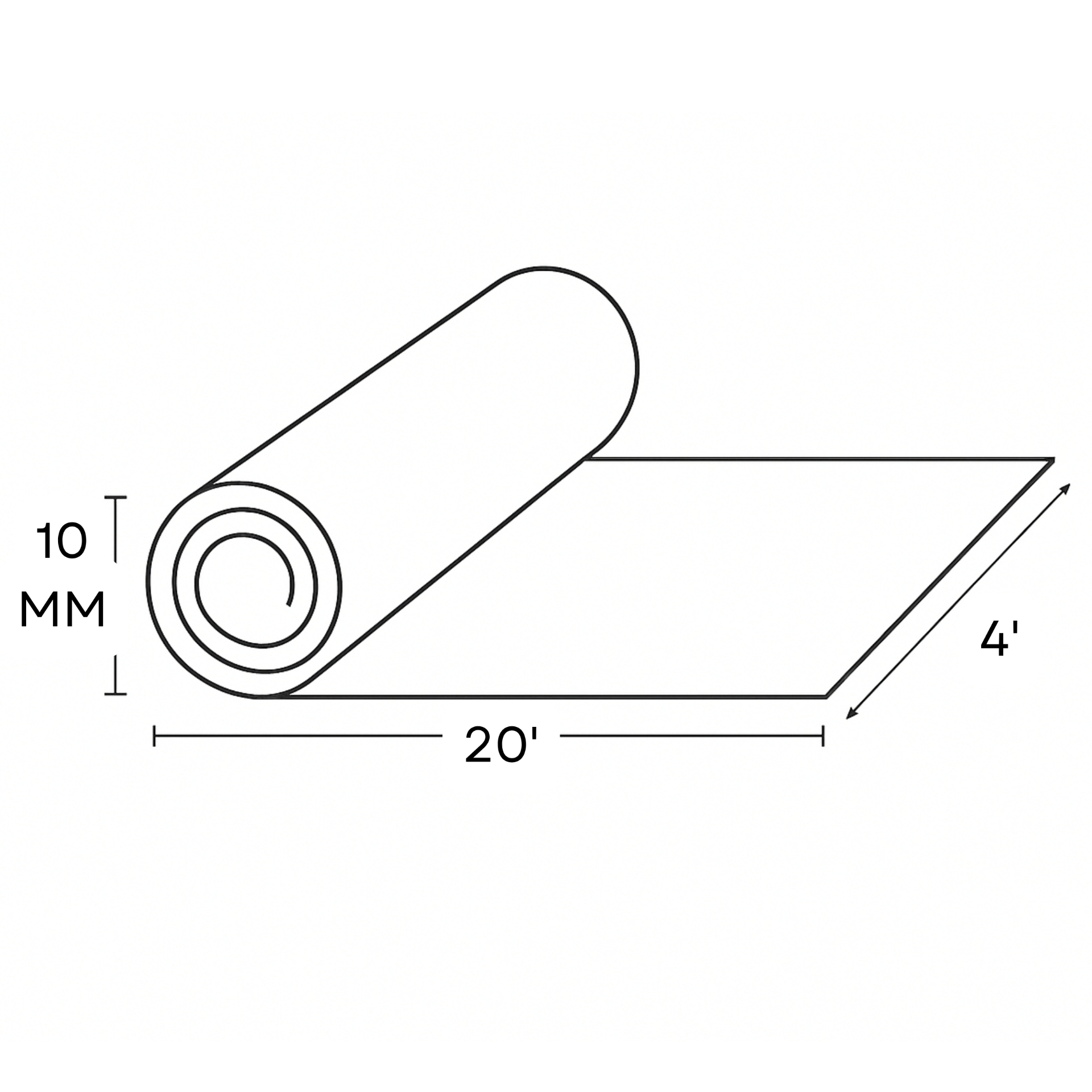 Dura 10mm Super Dura roll technical drawing — 10 mm thickness, 4 ft wide, 20 ft long.