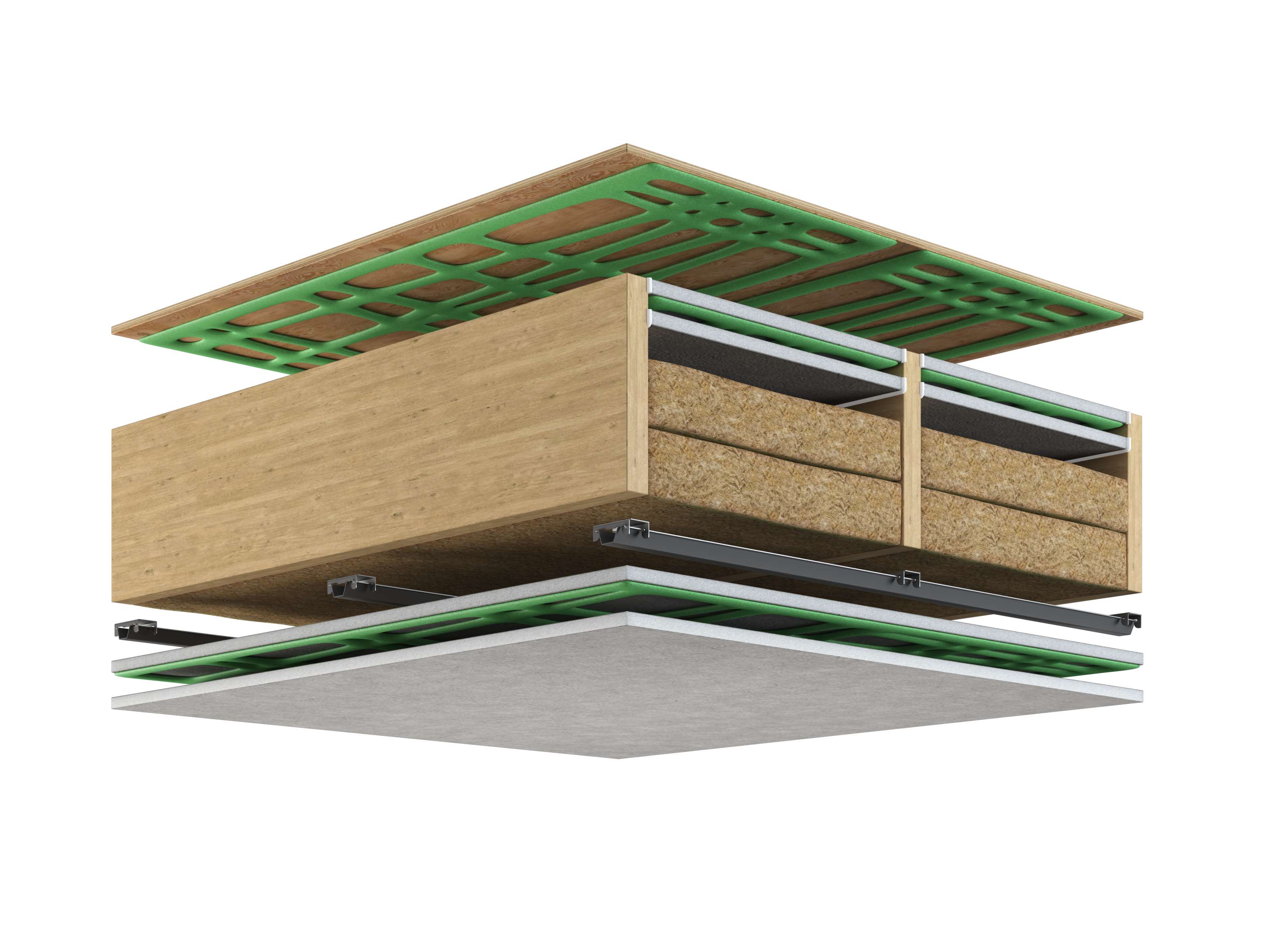 Cutaway ceiling assembly diagram with A237R clips, Rockwool and two Green Glue damped drywall interfaces