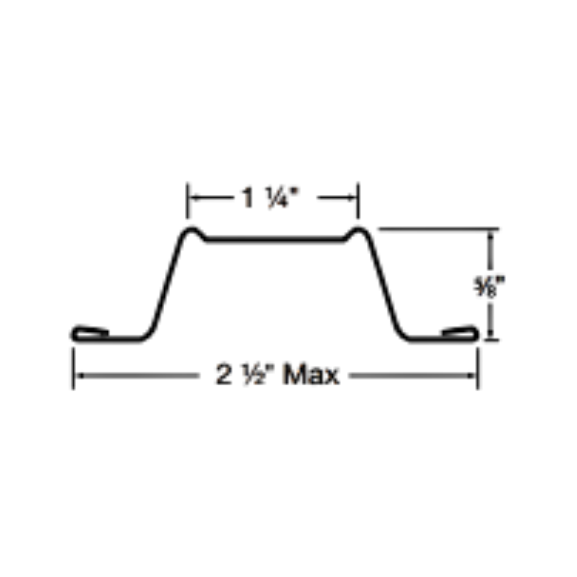 Hat (furring) channel cross-section — dimensioned drawing showing 1 1/4" top width, 2 1/2" max bottom width, and 7/8" depth.