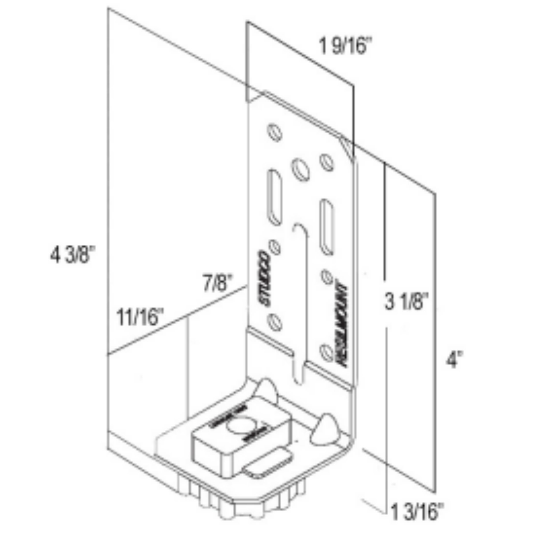 Resilmount A48R right-angle bracket dimensioned drawing — 1 9/16 in wide × 4 3/8 in tall × 1 3/16 in deep, showing galvanized steel bracket profile, thermoplastic rubber isolator, and mounting slots.