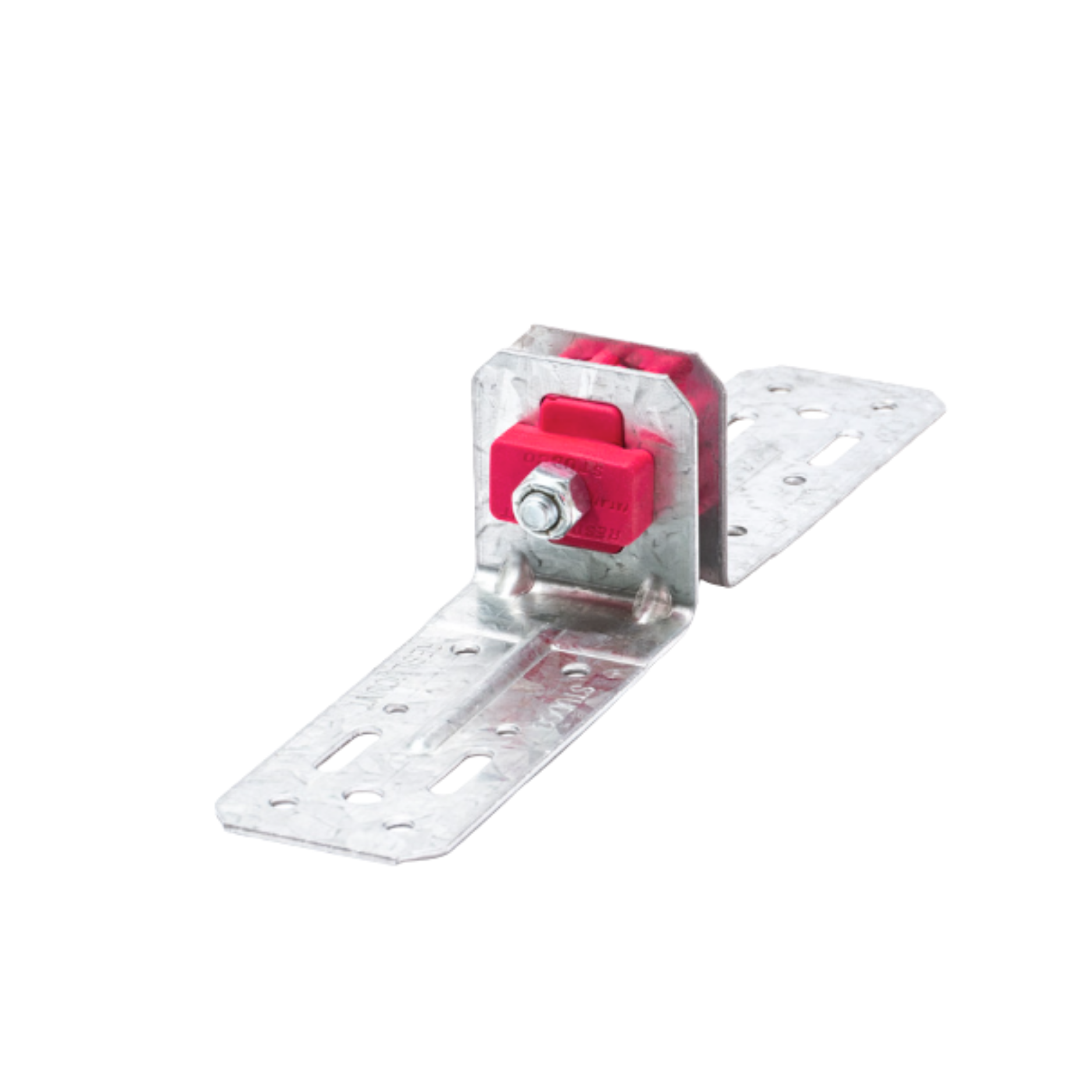 Resilmount A24R chase-wall joiner bracket — galvanized joiner plate with red thermoplastic-rubber isolation element, front view.