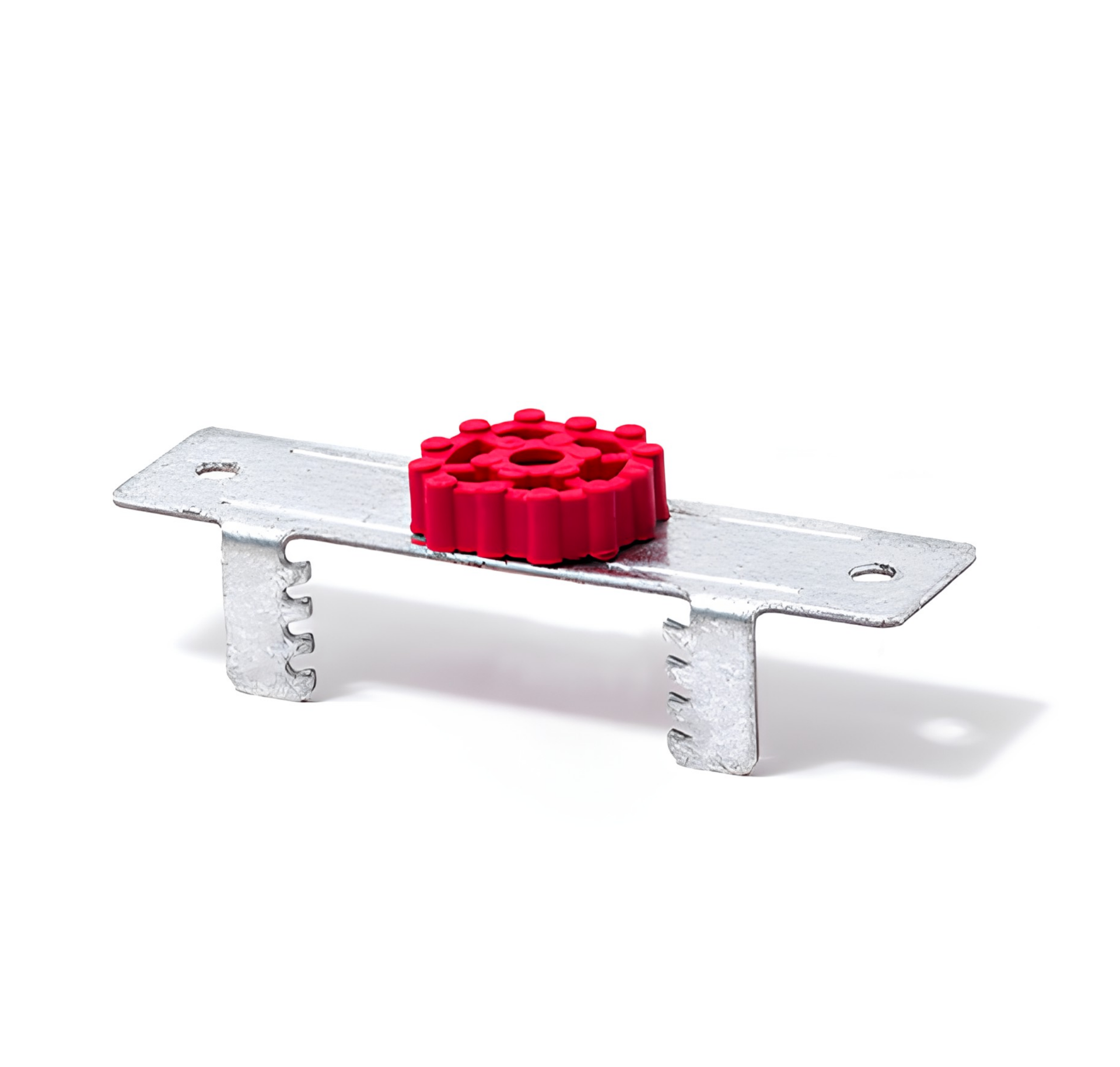 Resilmount MBFR adjustable resilient furring bracket — galvanized steel body with red thermoplastic rubber isolator, front view.