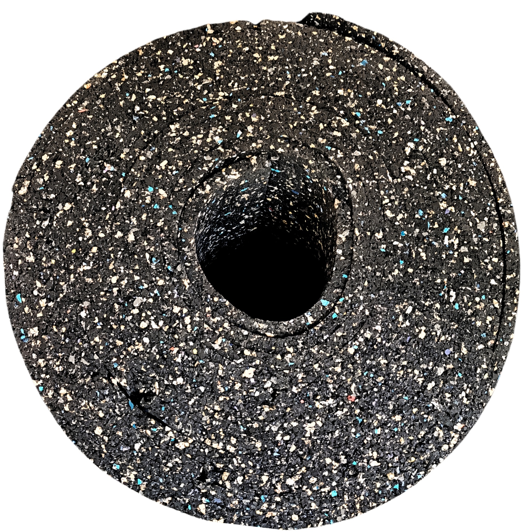 Serenity 9mm acoustic underlayment roll — top-down view of a wound roll with center core showing dense multicolor granulate.