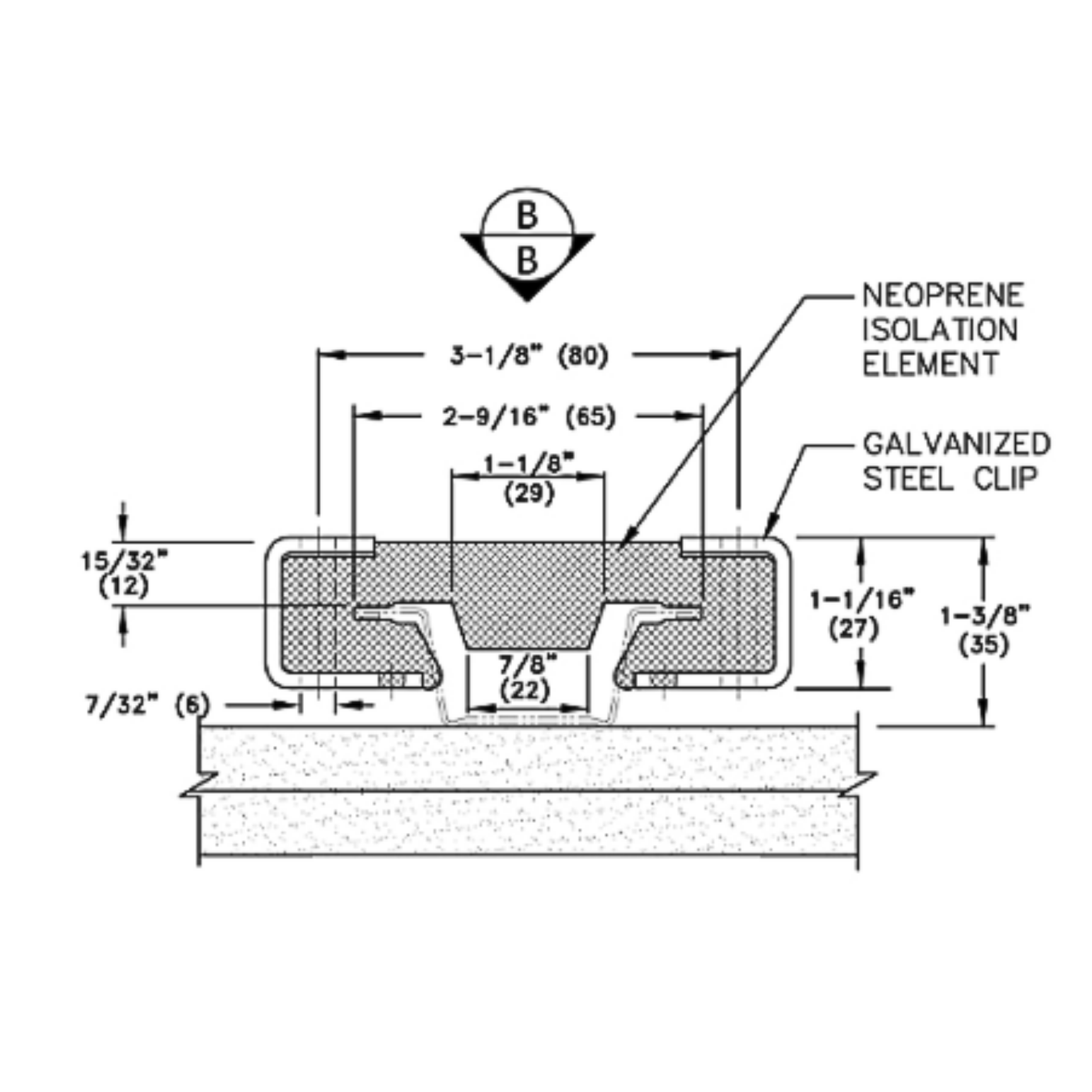 ISOMax Kinetic Clip cross-section spec drawing — neoprene isolation element encapsulated in a galvanized steel clip; overall 3-1/8 in (80 mm) wide × 1-3/8 in (35 mm) tall, 7/8 in (22 mm) channel throat, 15/32 in (12 mm) base flange.