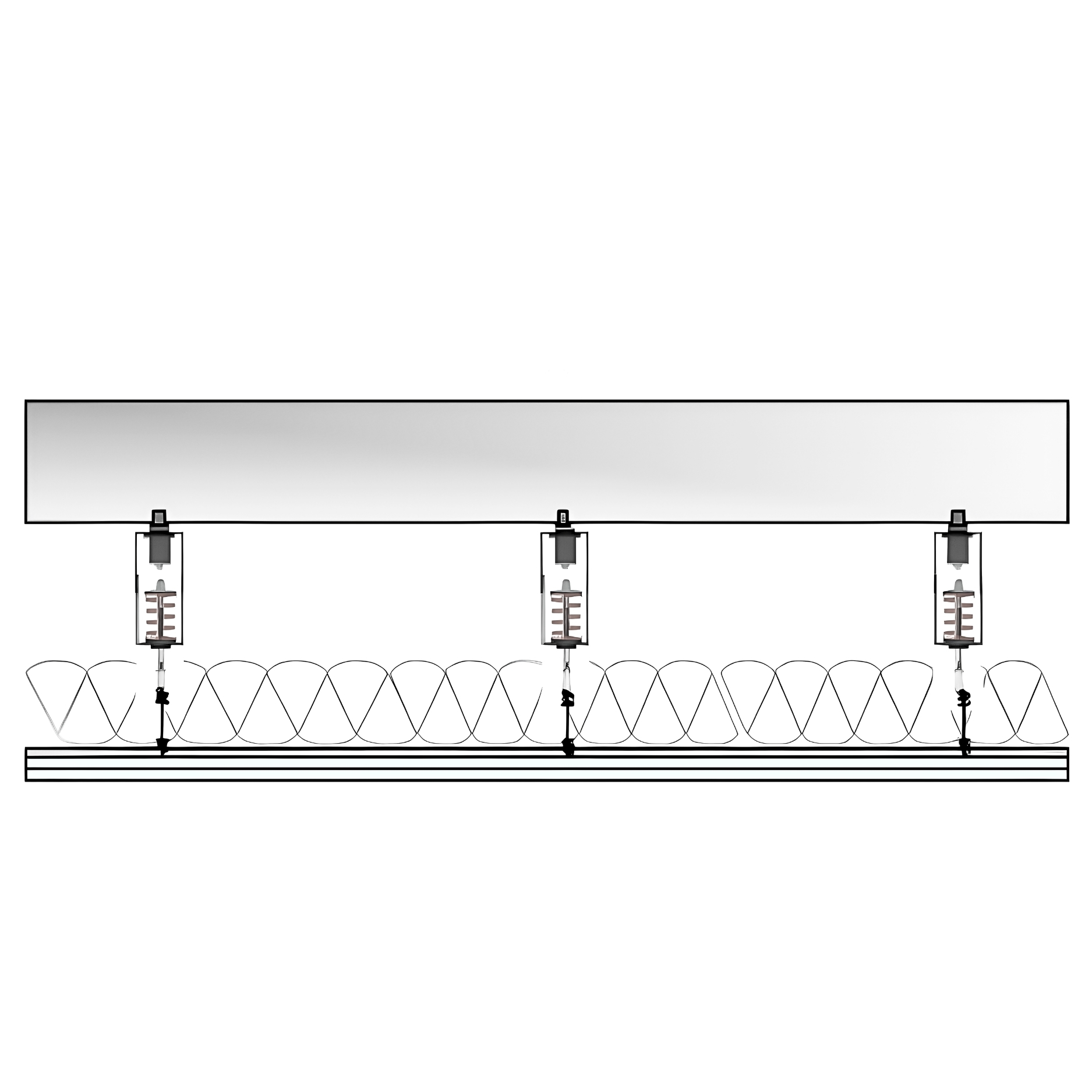 Section view of a ceiling hung with RSIC-SI-FF-BRW isolators fastened to the deck above, hanger wires dropping through the insulated cavity to the drywall grid and gypsum below.