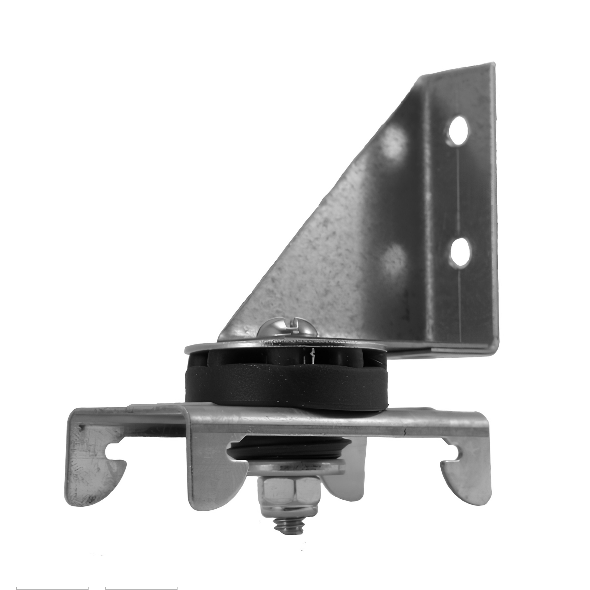 PAC International RSIC-1 Low Profile ceiling sound isolation clip — front view of the upward-facing steel L bracket and rubber isolator with hat-channel saddle.
