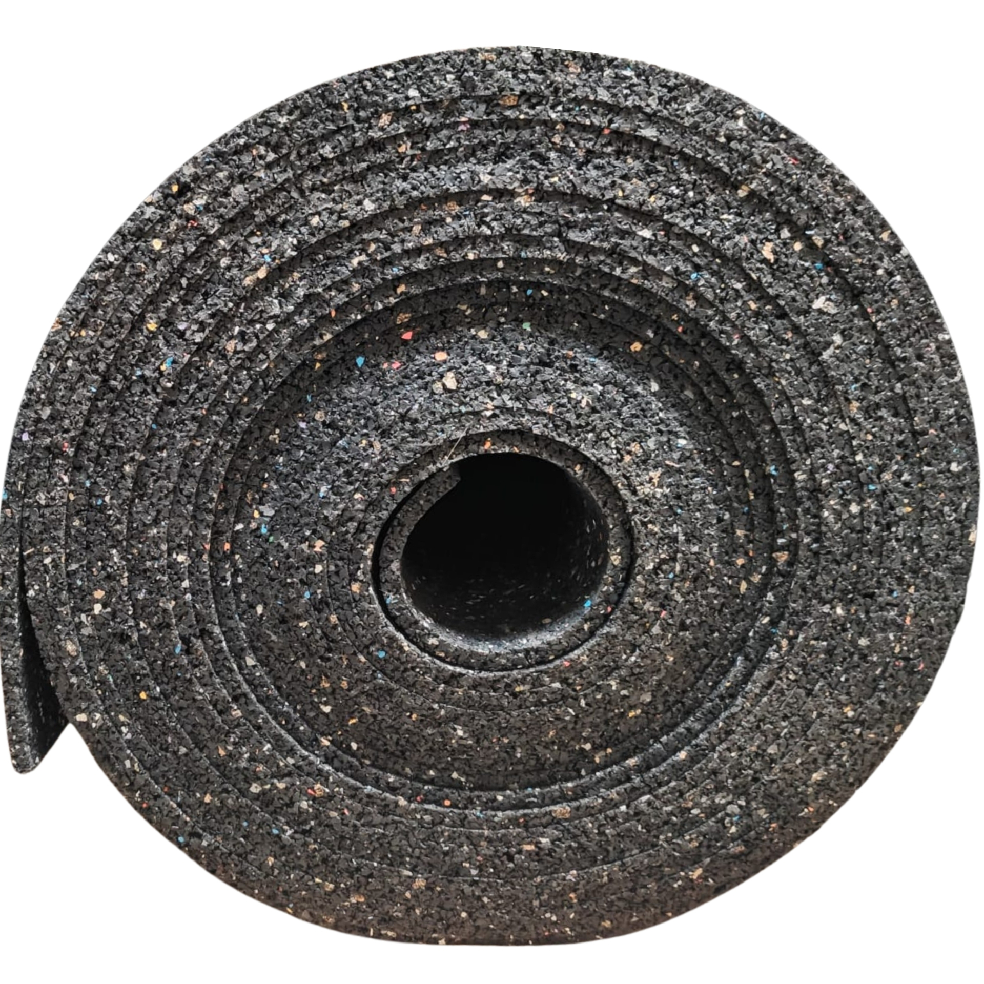 Serenity 6mm acoustic underlayment — closeup of a partially unrolled recycled rubber-composite mat showing the dense multicolor granulate surface.