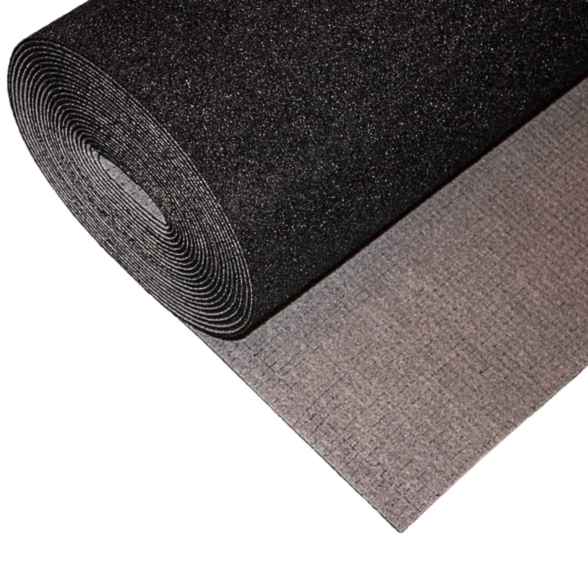 Dura 5mm Protector acoustic underlayment roll — black recycled-rubber roll partially unrolled over its light woven scrim backing on white background.
