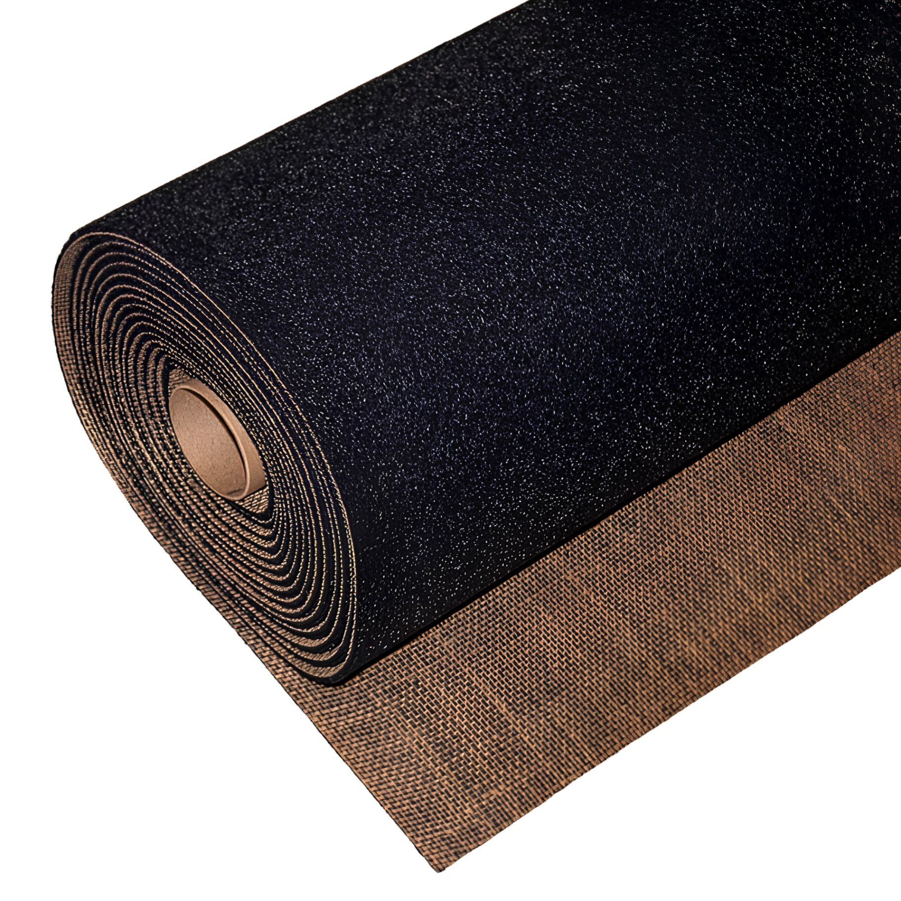 Dura 7mm DuraLux Comfort partially unrolled — black recycled-rubber acoustic underlay with jute scrim backing.