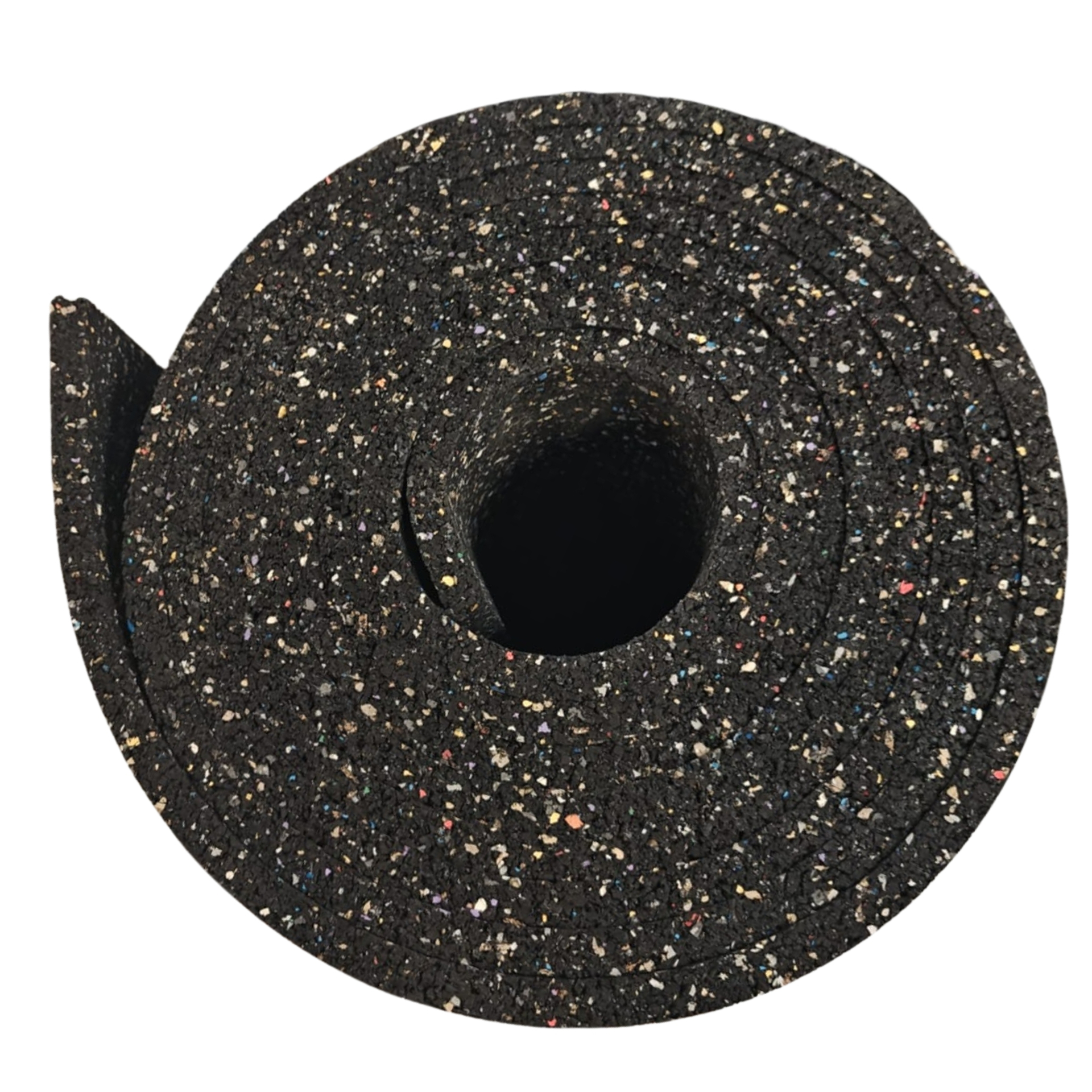 Serenity 12mm acoustic underlayment roll — top-down view of the wound rubber-composite mat showing dense multicolor granulate.