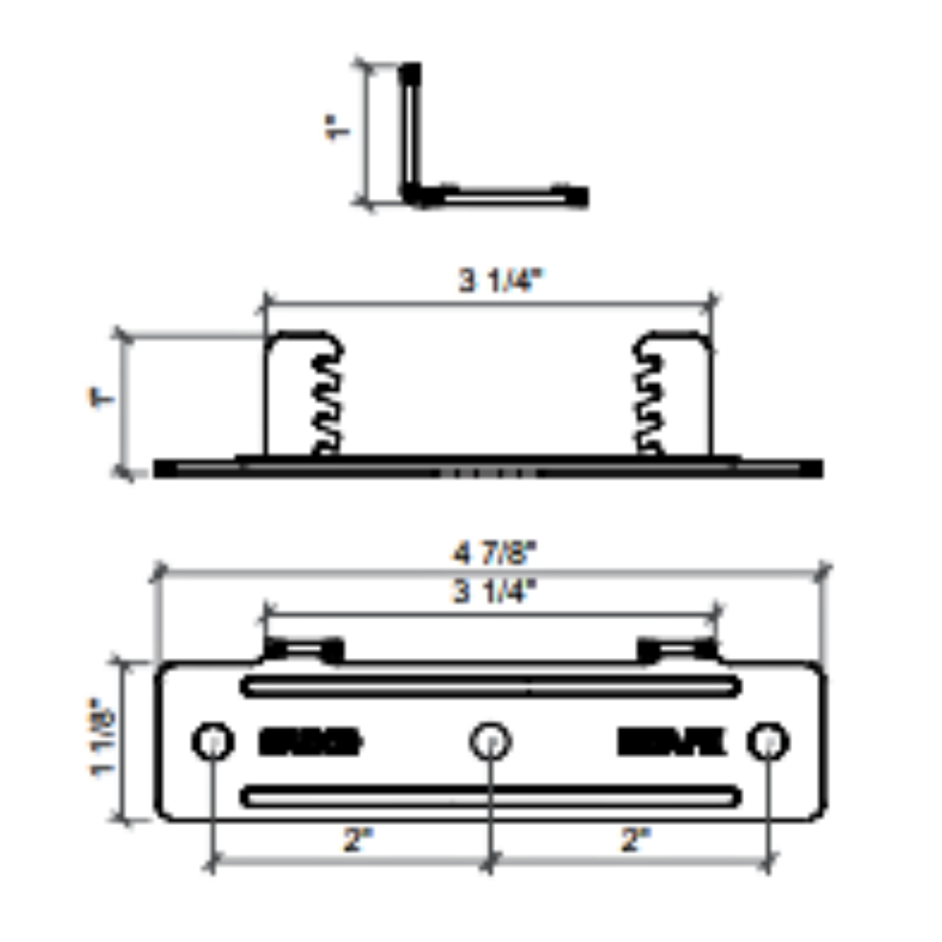 Resilmount MBF clip — dimensioned drawings showing 1" side profile, 3 1/4" fastener spacing, 4 7/8" overall length, and 1 1/8" width with hat-channel retention teeth.