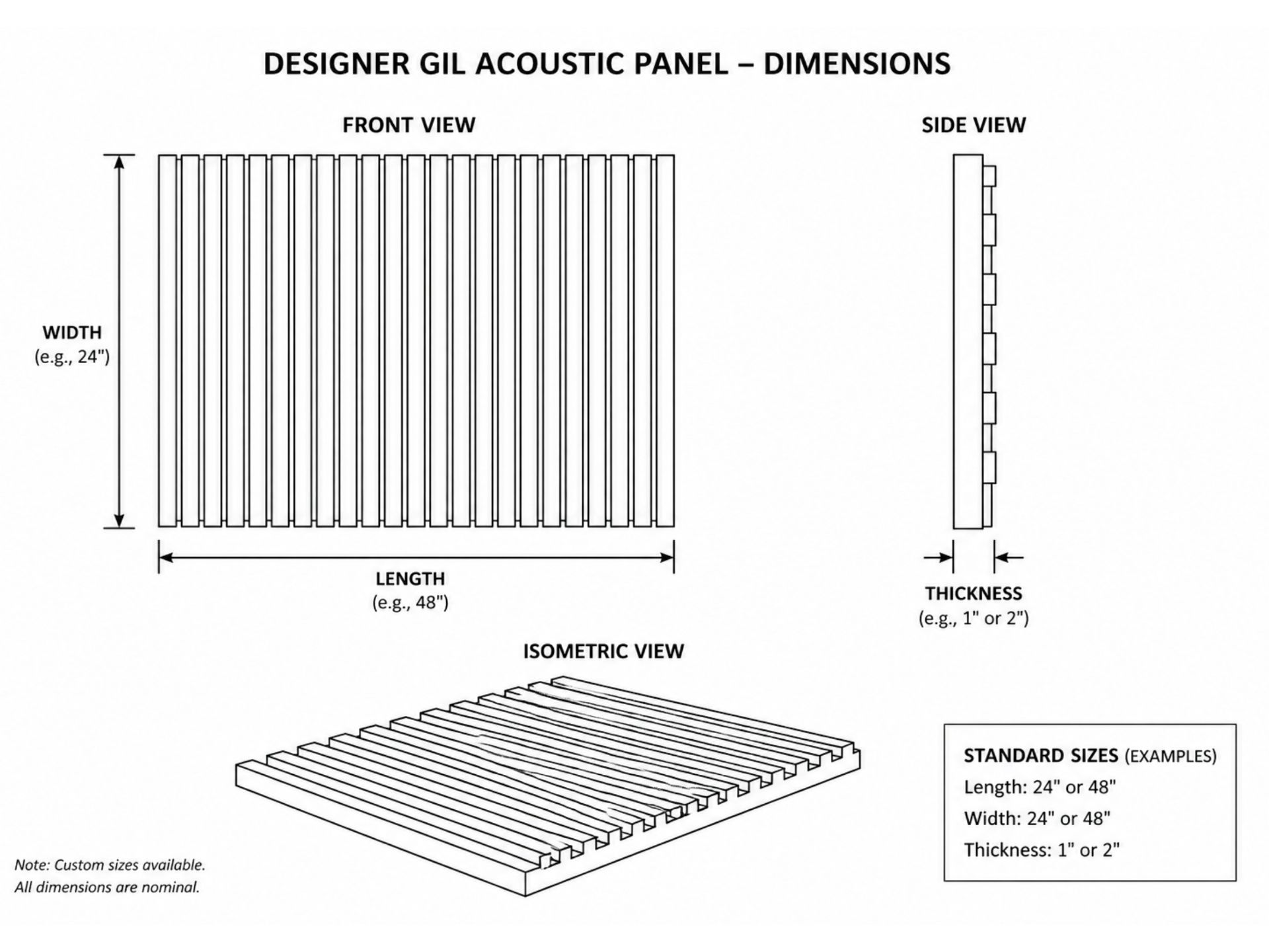 Designer Gil Acoustic Panel dimensional drawing — front, side, and isometric views showing 24" × 48" panel with 1" or 2" thickness options