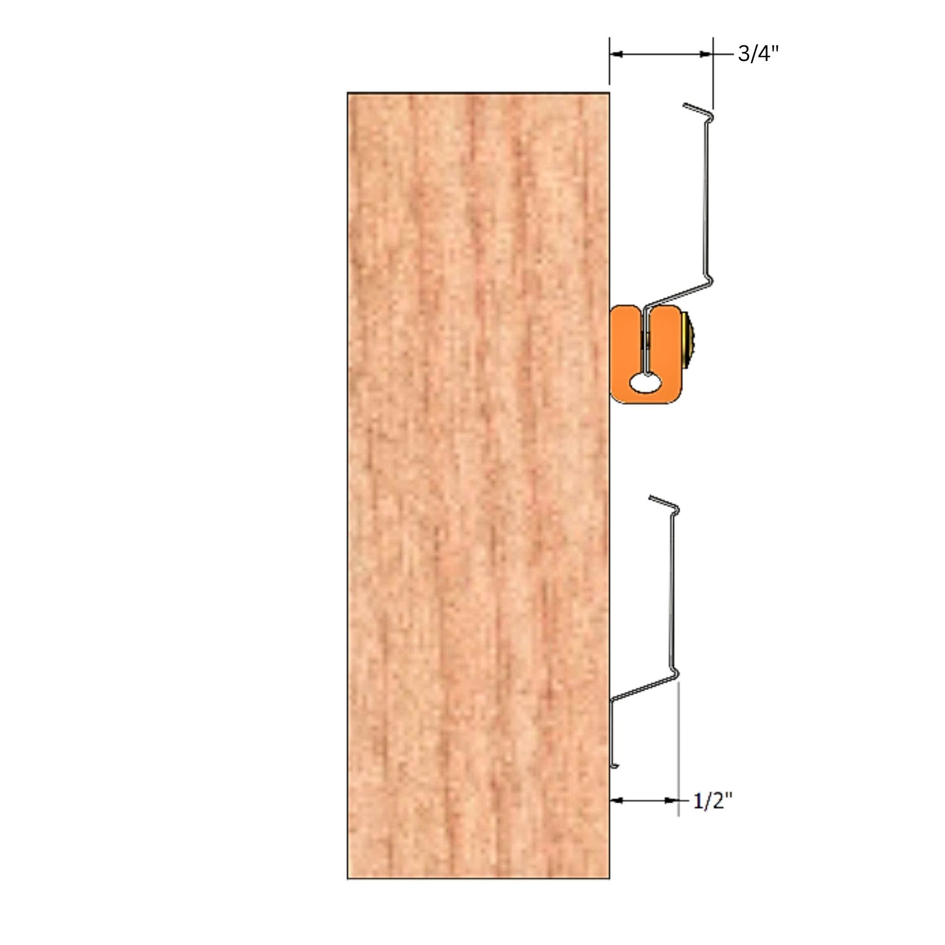 RC-1 BOOST profile drawing on wood framing showing the 3/4 in cavity behind the gypsum face and the 1/2 in isolator height.