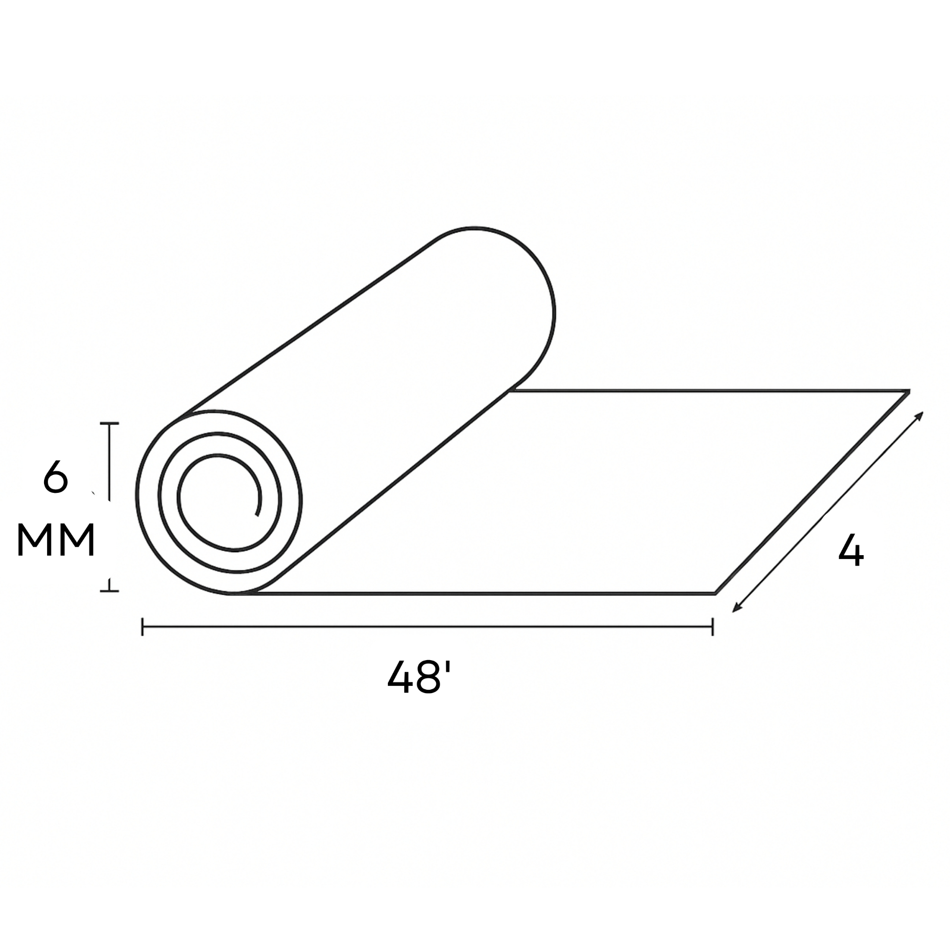 Dura 6mm DuraCushion technical drawing — 6 mm thickness by 4 ft × 48 ft roll of recycled-rubber acoustic underlay.