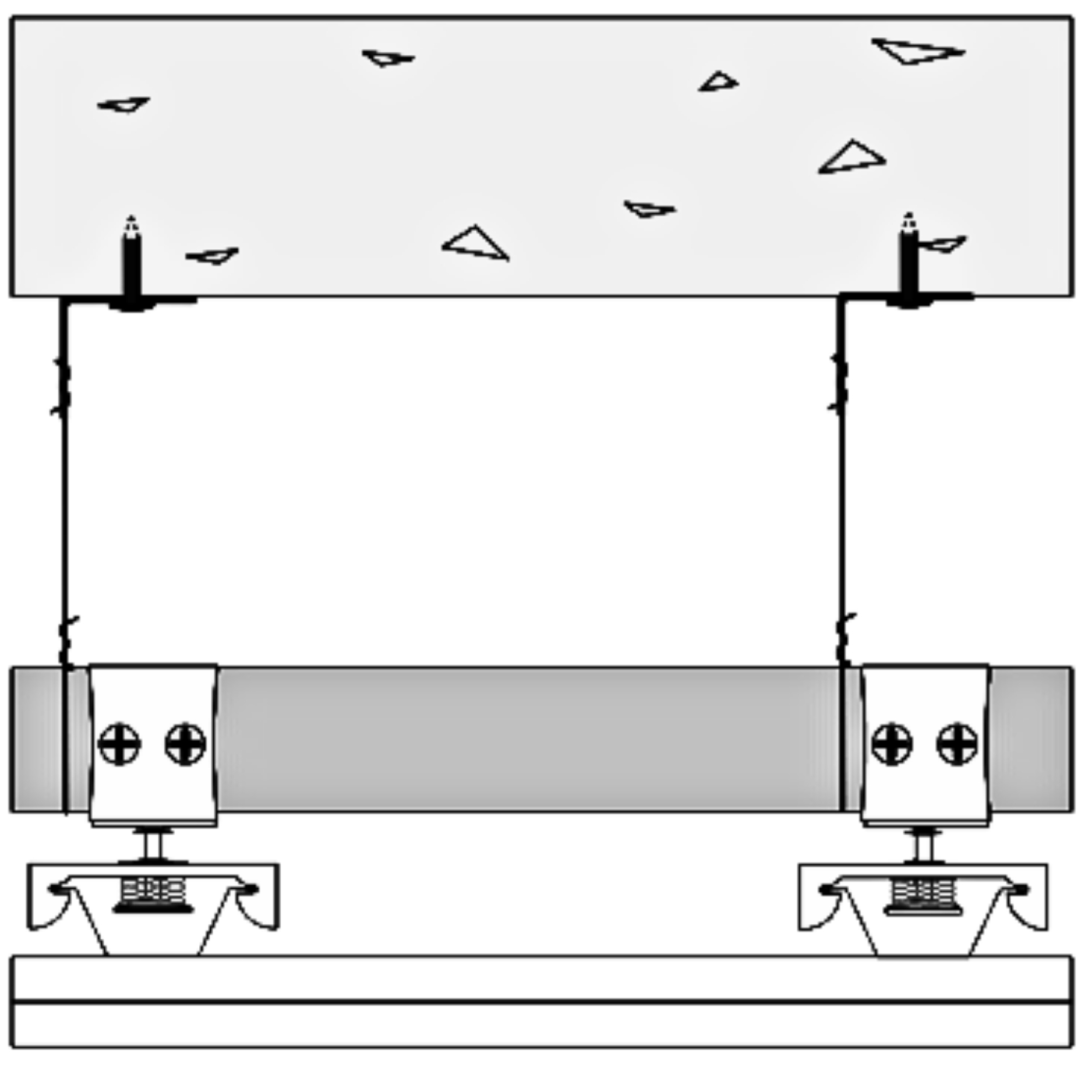 RSIC-SI-X 1.5 CRC section drawing: structure and anchors above, hanger wires down to the cold-rolled channel, clips screwed to the CRC, and the drywall furring channel and gypsum ceiling below.