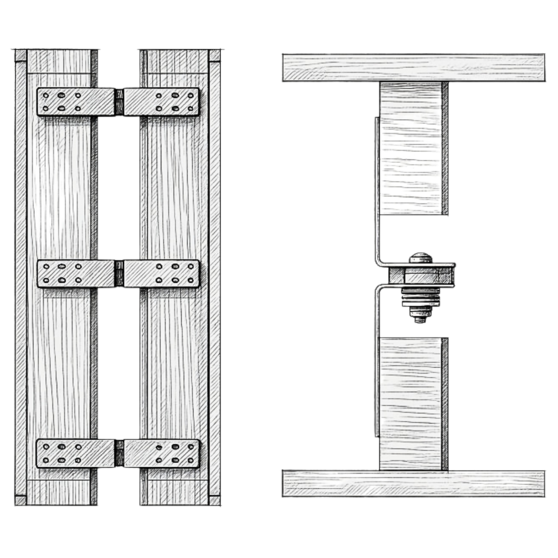 Two-part drawing of RSIC-CWB braces installed between two rows of wood framing — plan view showing braces screwed to opposing studs at spaced rows, and a section view showing the central resilient isolator spanning the cavity between the framing members.