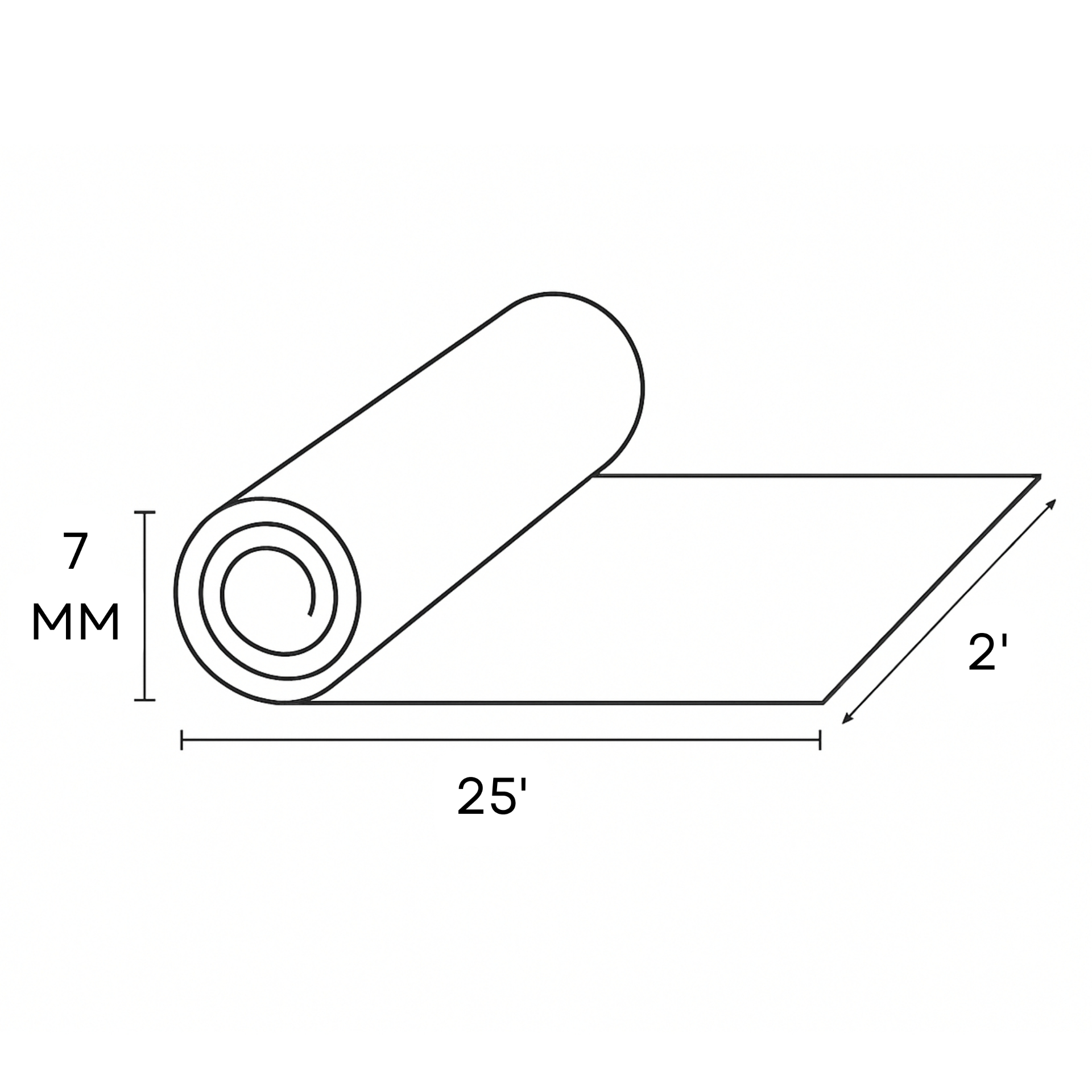 Dura 7mm DuraLux Comfort technical drawing — 7 mm thickness by 2 ft × 25 ft roll of recycled-rubber acoustic underlay.