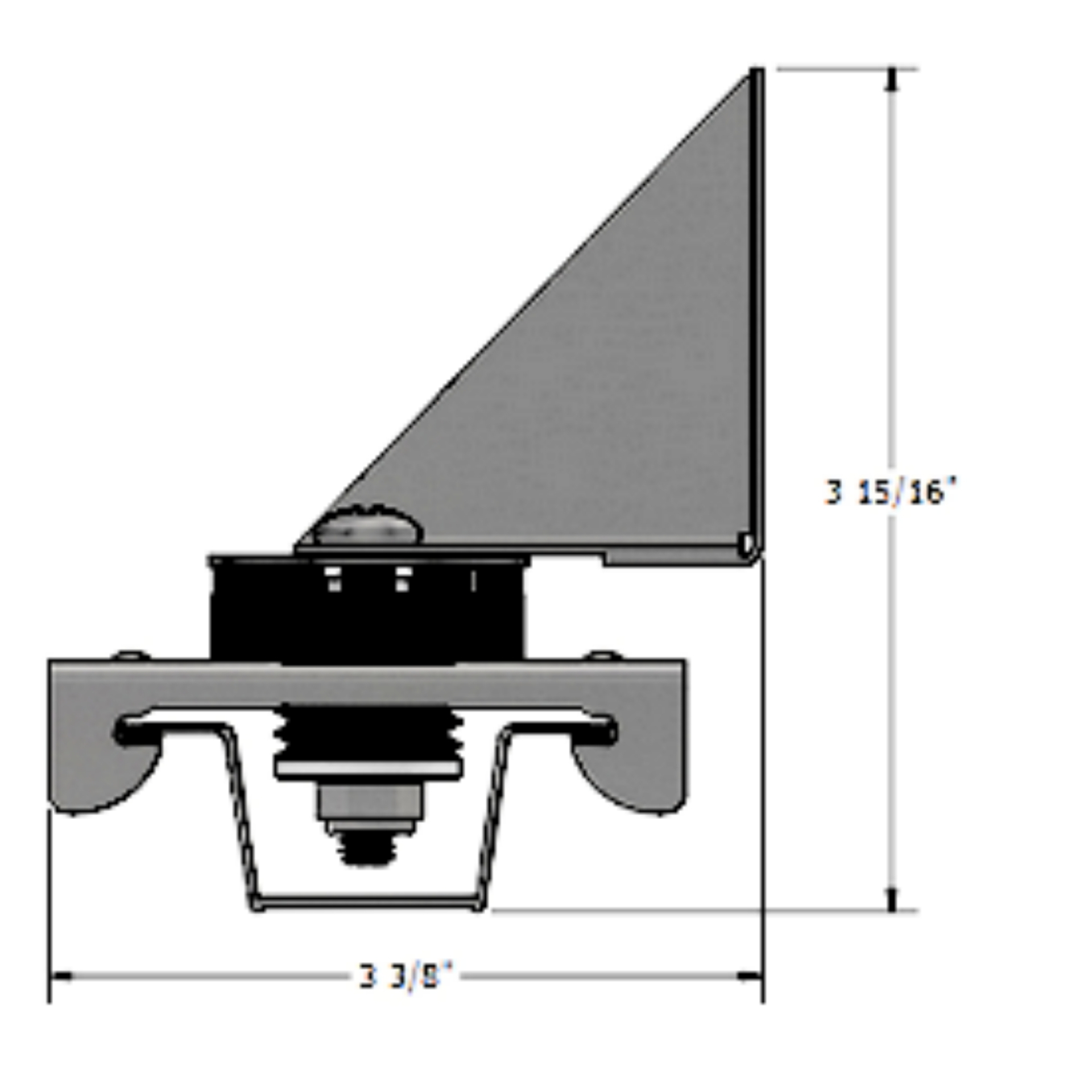 PAC International RSIC-1 Low Profile dimensional drawing — bracket, isolator and snapped-in furring channel measuring 3 3/8 in across and 3 15/16 in tall.