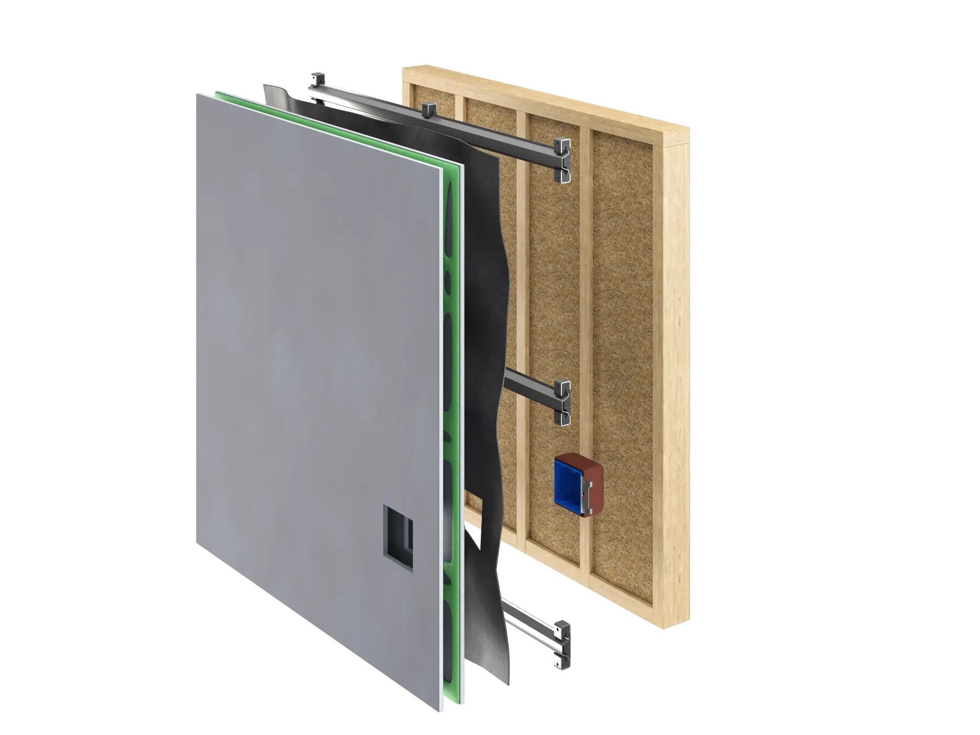 Cutaway soundproof wall assembly — wood studs with insulation, putty pad, Isomax clips and hat channel, mass loaded vinyl, Green Glue, and drywall