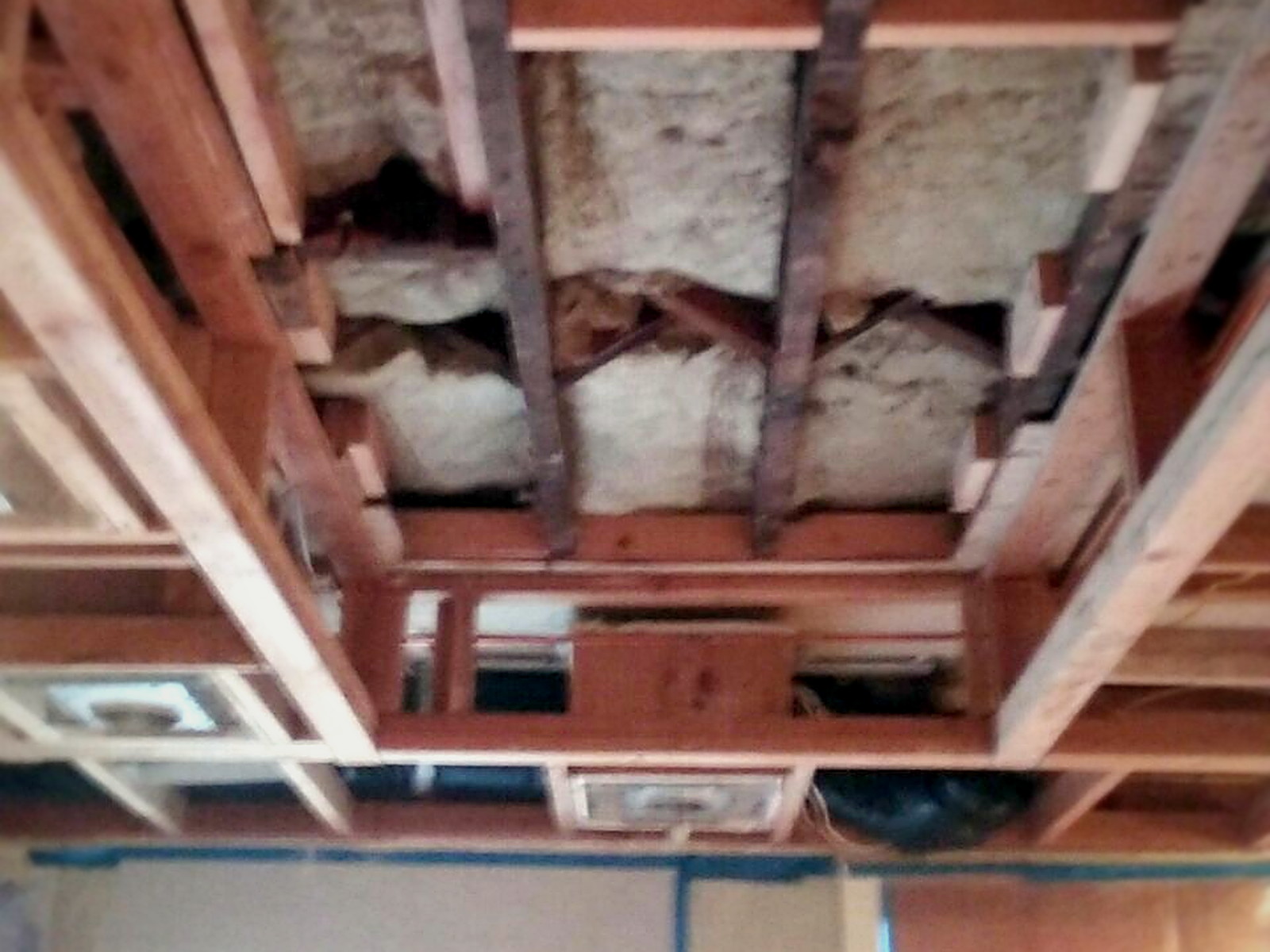 Mineral wool insulation packed between exposed ceiling joists in a Melrose residential soundproofing project