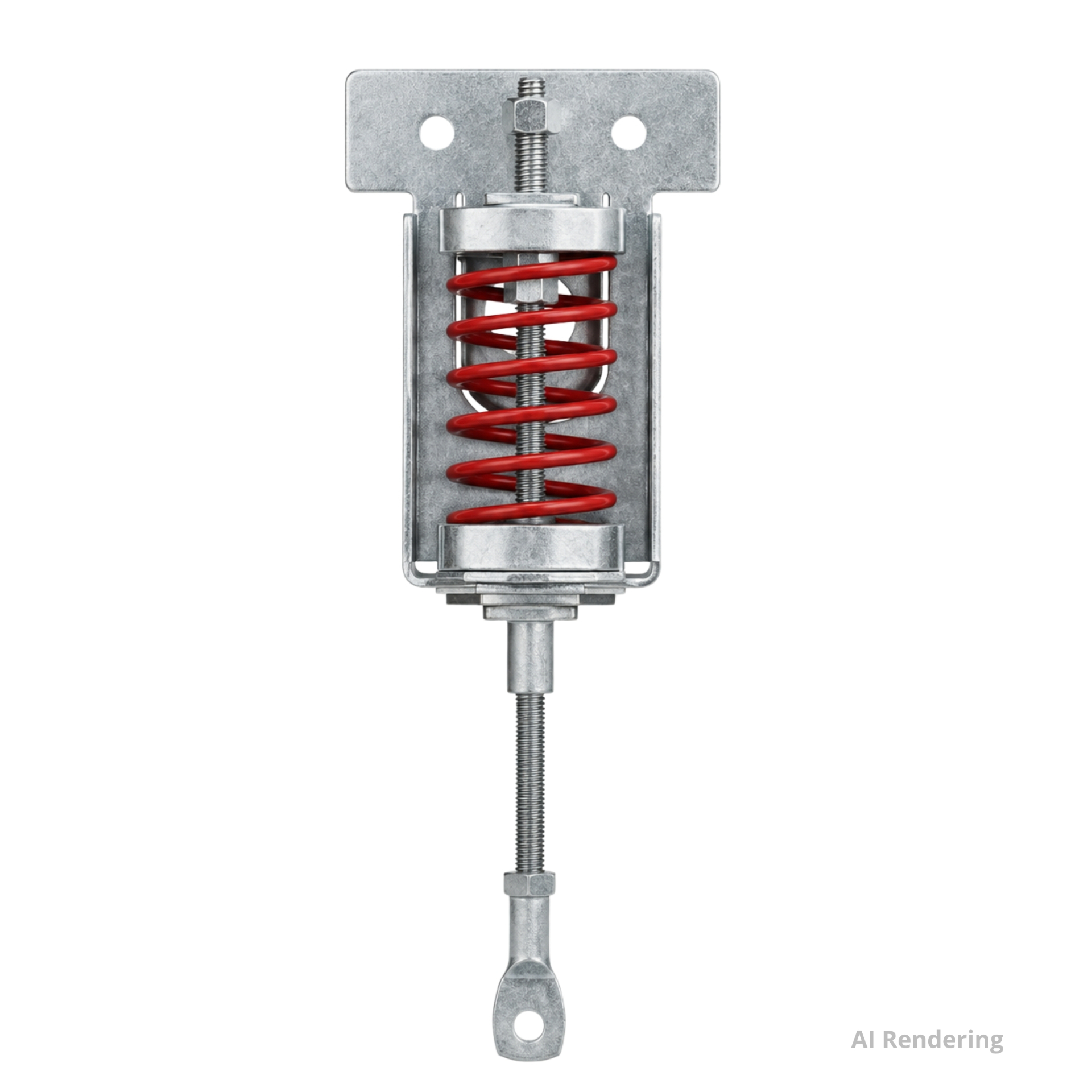 PAC International RSIC-SI-WHI spring hanger — front rendering of the flat mounting bracket with two screw holes above a red coil spring in a steel housing, and a threaded rod ending in a wire loop below.