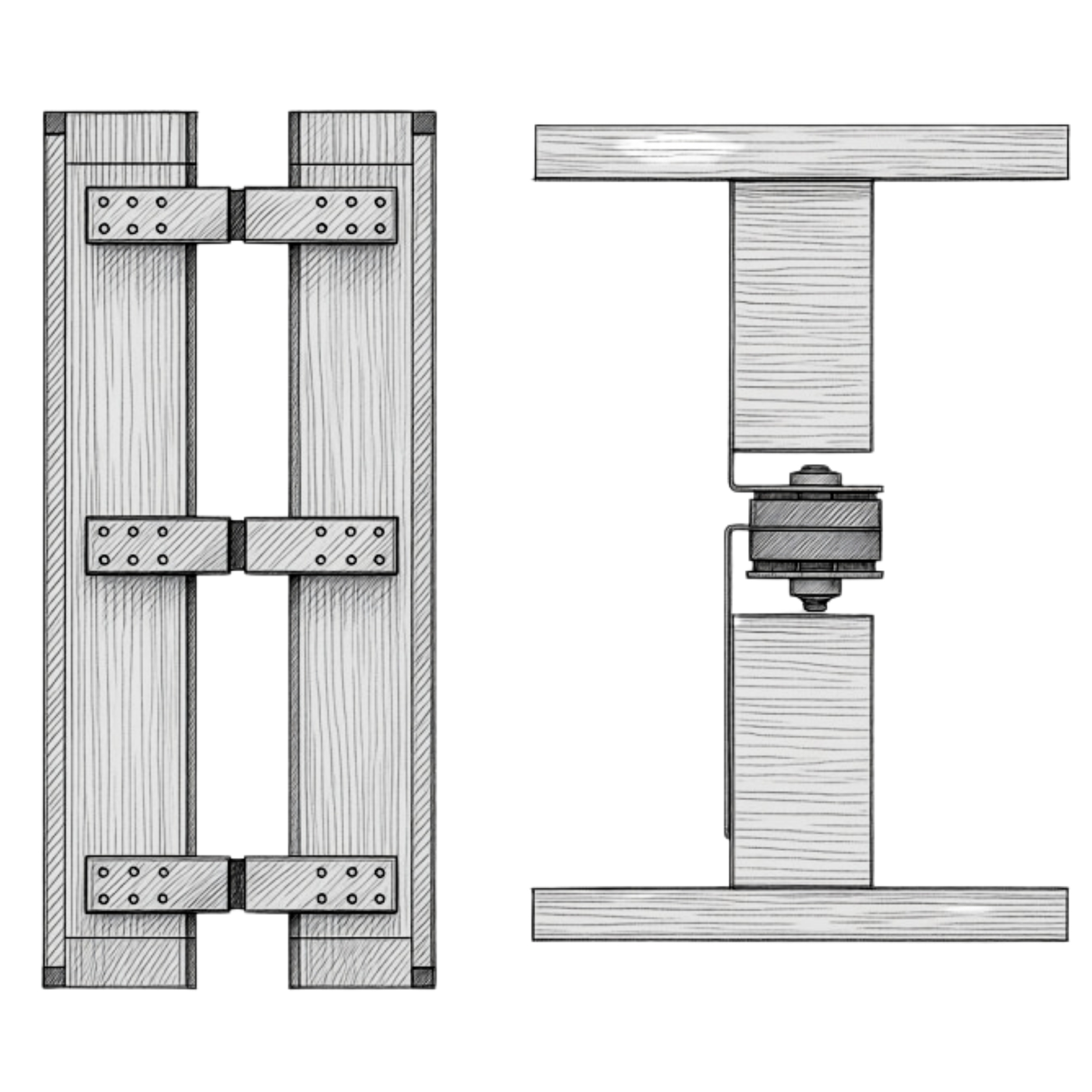 Two-part drawing of RSIC-CWB HD/DD braces installed between two rows of wood framing — plan view showing braces screwed to opposing studs in stacked rows, and a section view showing the central double-deflection isolator spanning the cavity between the two framing members.