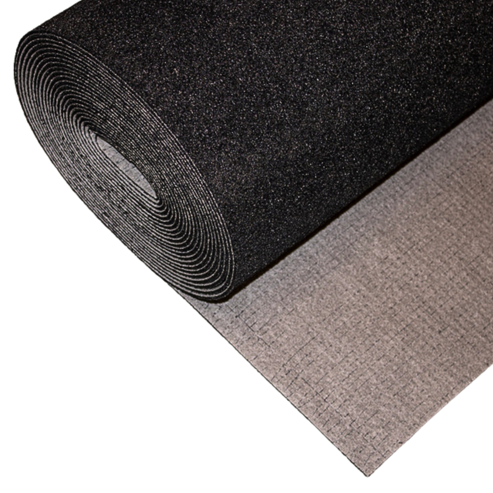 Dura 10mm Super Dura acoustic underlayment roll — heavy black recycled-rubber roll partially unrolled over its grey scrim backing on white background.
