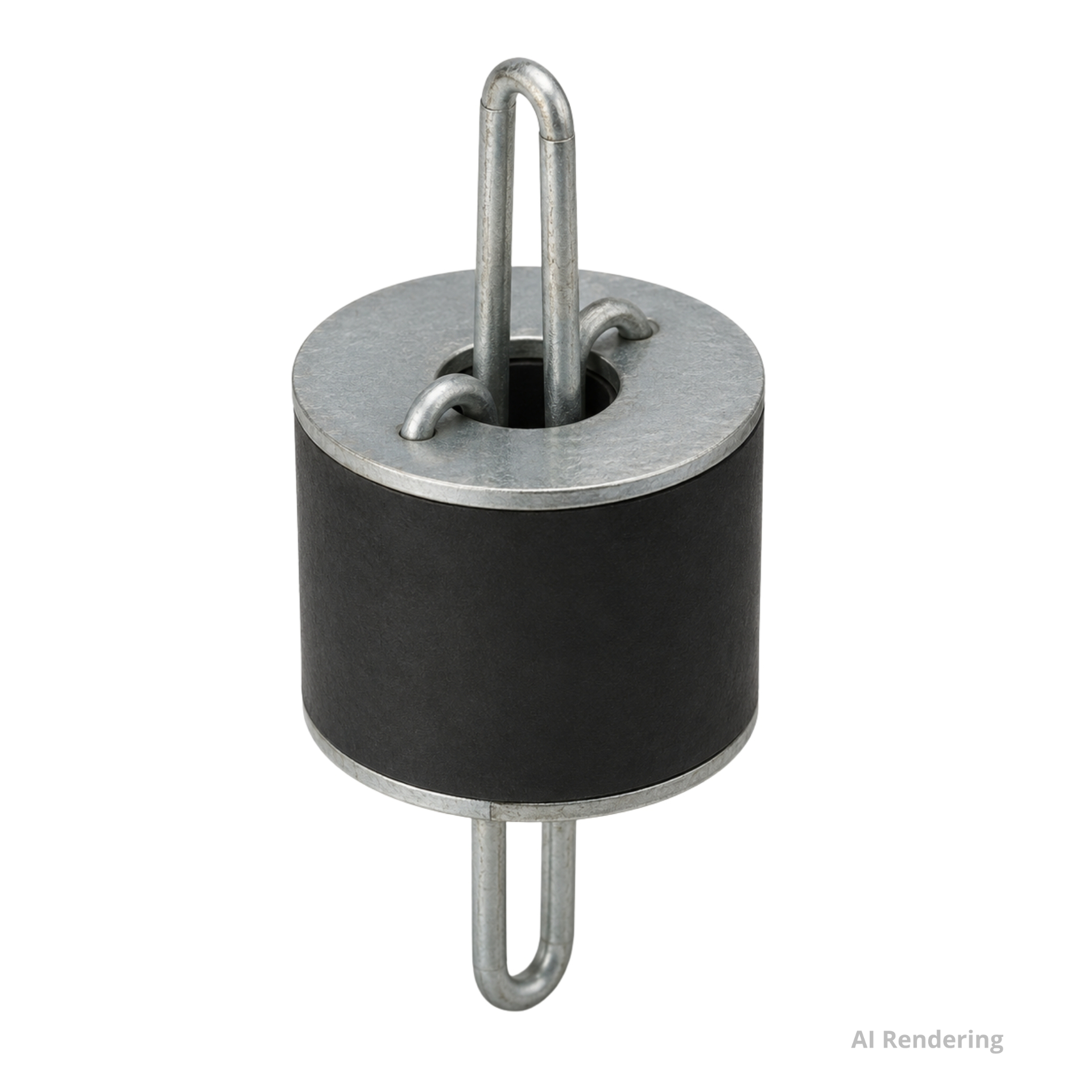 PAC International RSIC-WHI wire hanger isolator — rendering of the cylindrical rubber isolator between a galvanized upper wire loop and a lower wire loop.