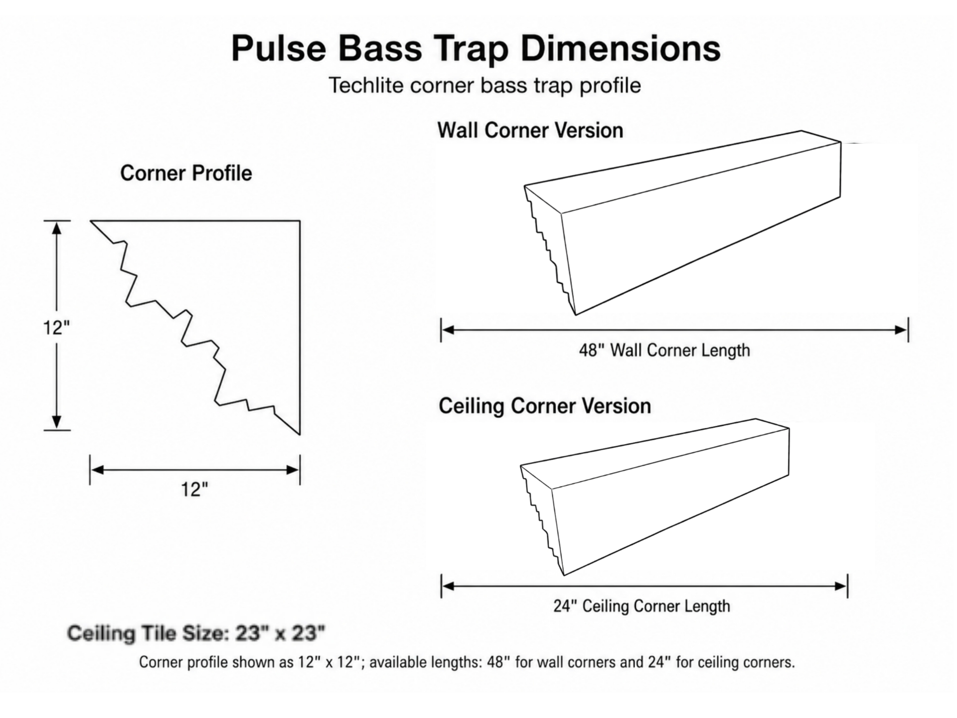 Pulse Bass Trap dimensional drawing — 12" x 12" corner profile with 48" wall-corner length and 24" ceiling-corner length