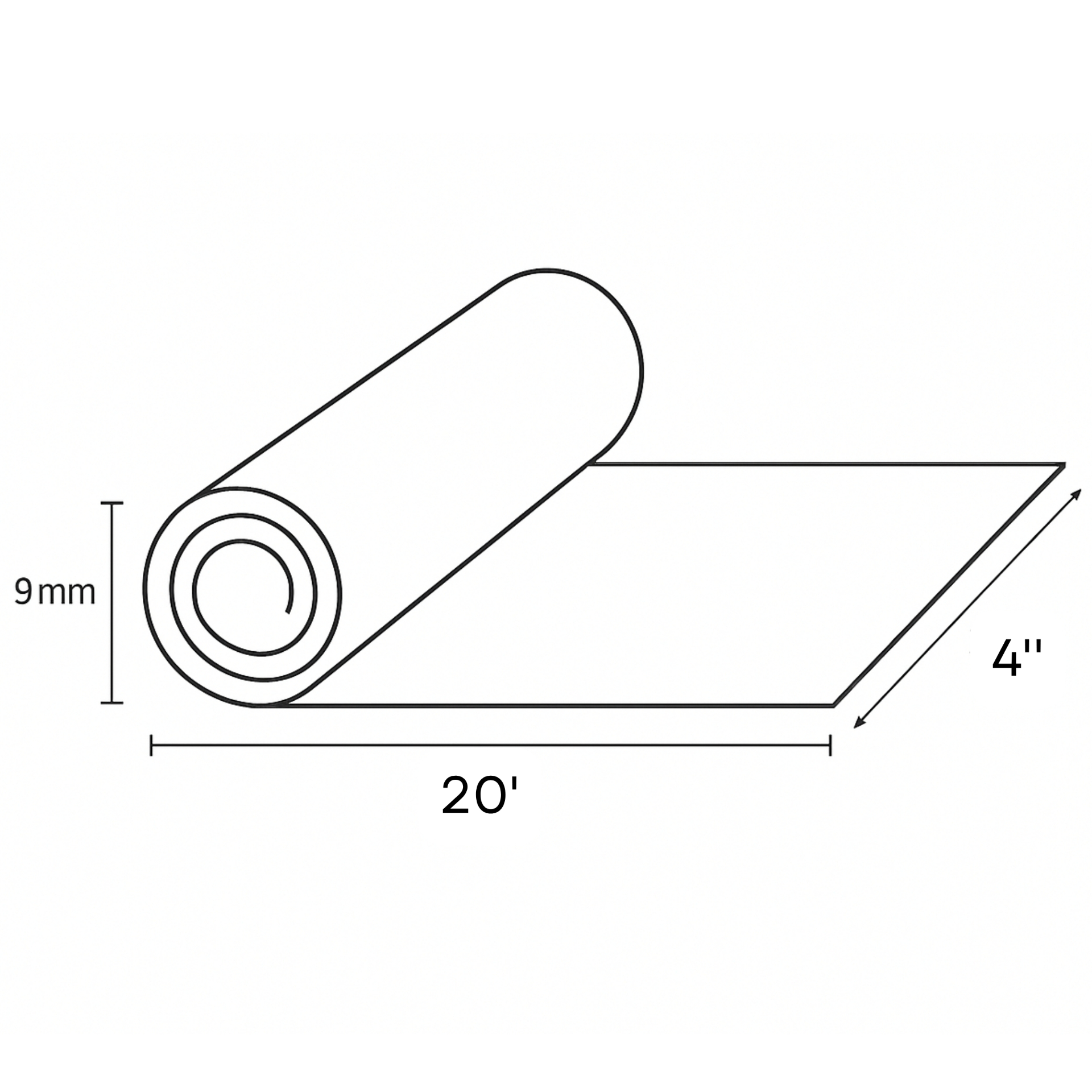Serenity 9mm underlay technical drawing — 9 mm thickness, 4 ft × 20 ft roll of recycled rubber-composite underlayment.