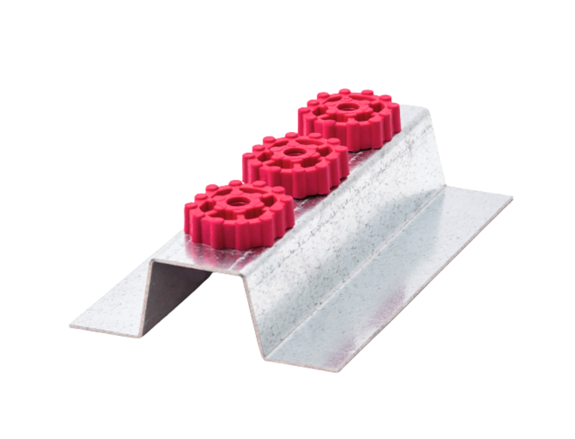 Resilmount A130R heavy duty sound isolation bracket — galvanized steel bracket with three red rubber isolators, front view.