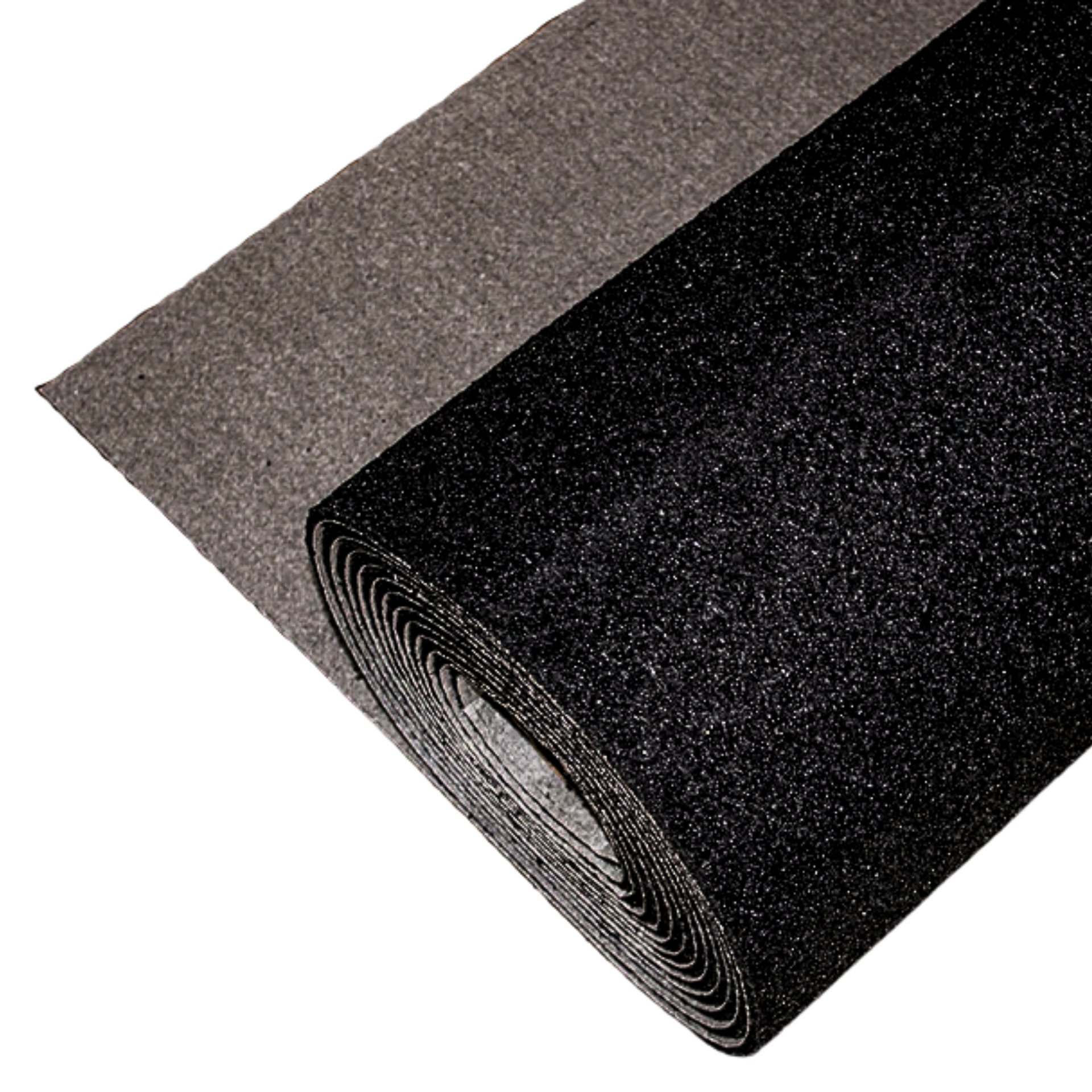 Dura 8mm DuraCoustic acoustic underlayment roll — heavy black recycled-rubber roll partially unrolled over its grey scrim backing on white background.