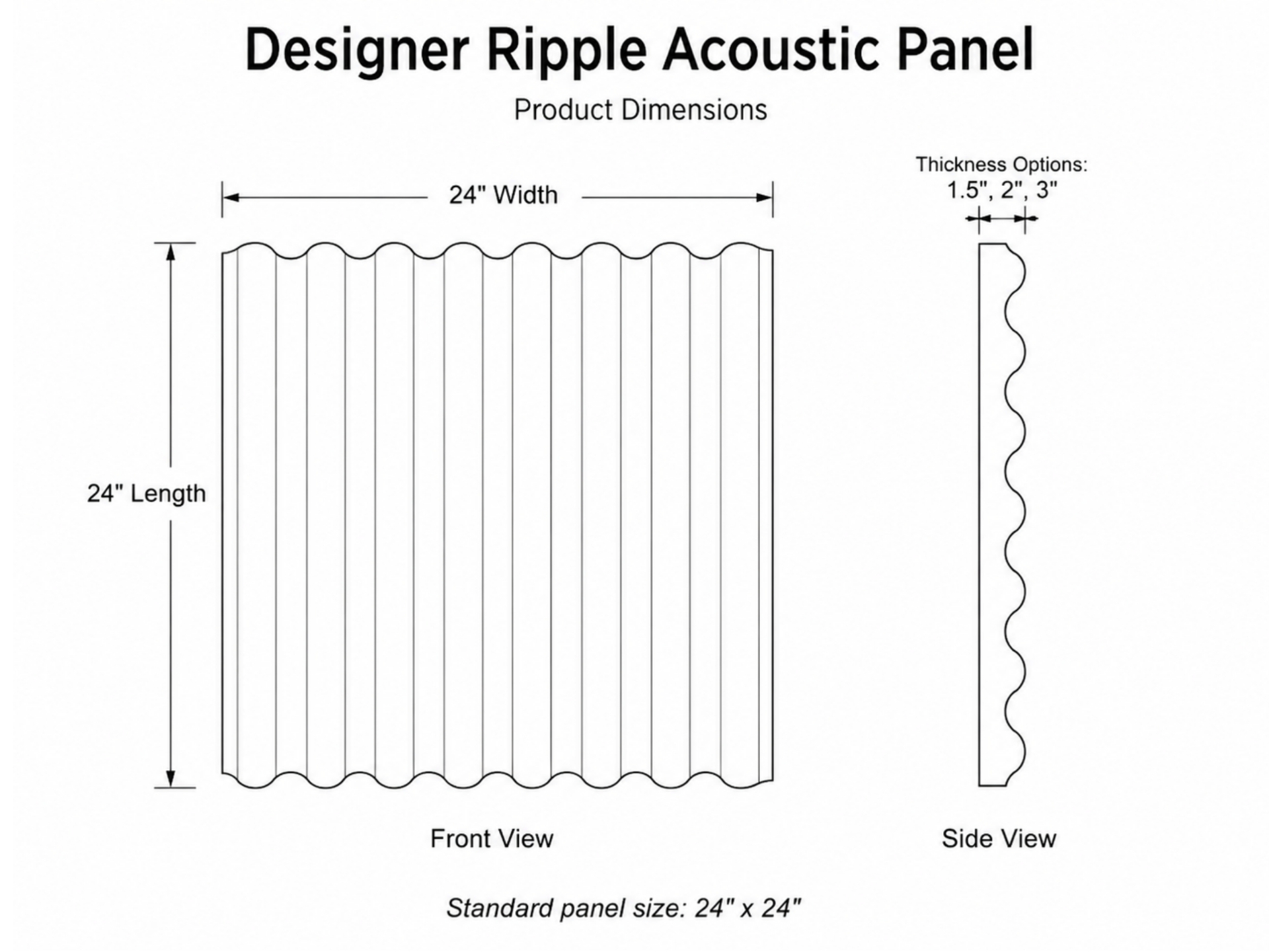 Designer Ripple Acoustic Panel dimensional drawing — 24" × 24" front view with side profile showing 1.5", 2", and 3" thickness options