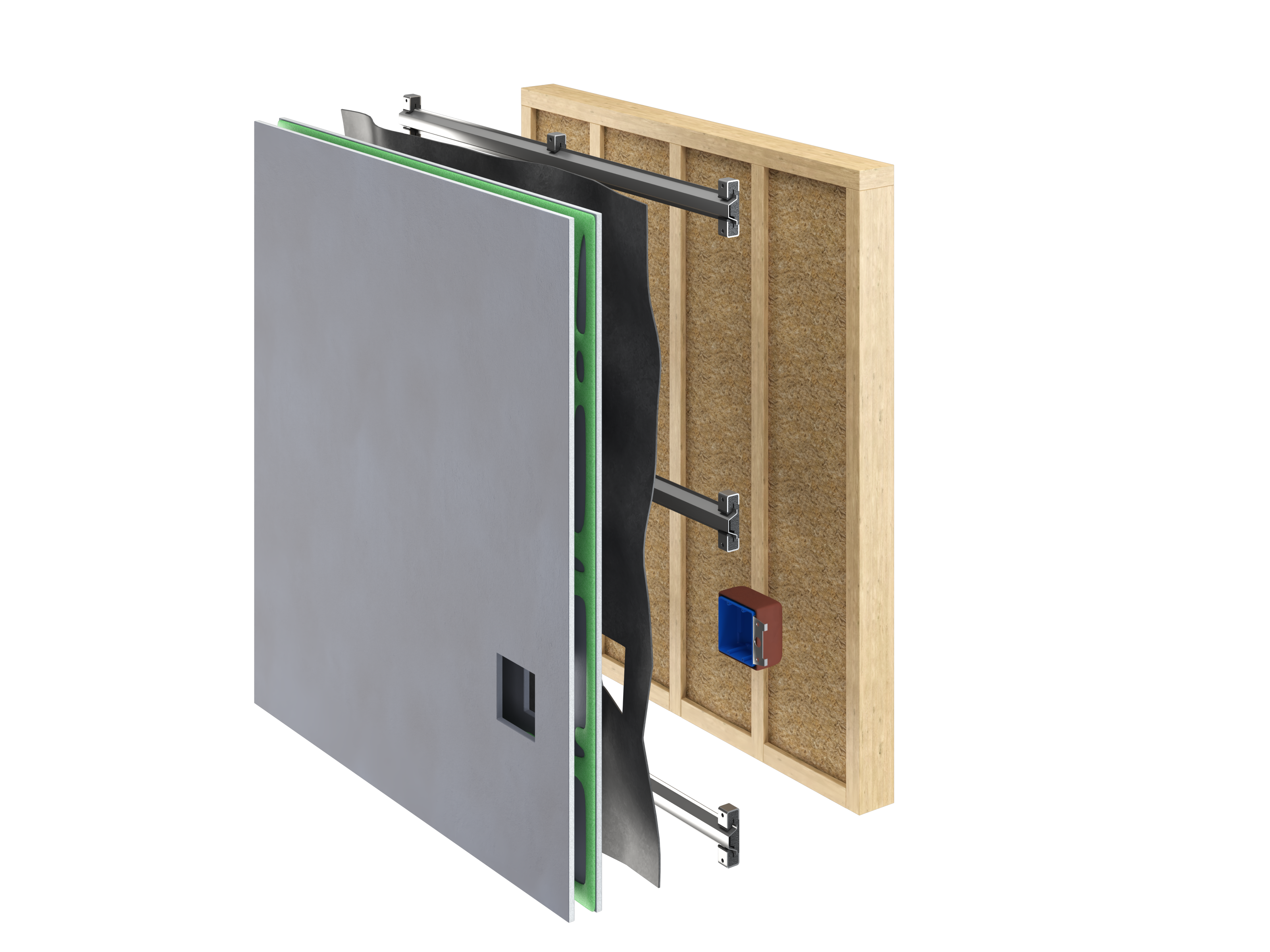 Cutaway wall assembly diagram with Isomax clips, hat channel, MLV and Green Glue damped drywall