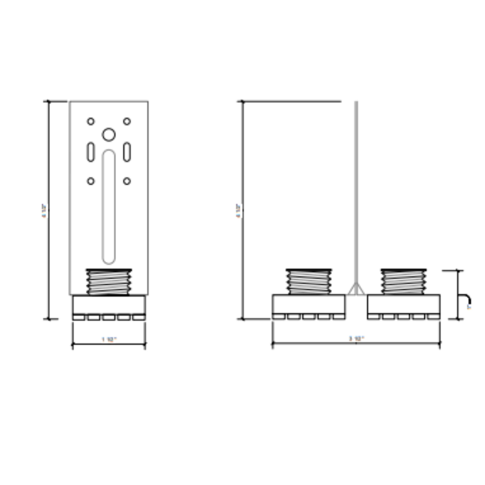 PAC International RSIC-DC04X2 dimensional drawing — front and side elevations showing the 4-1/2 in overall height, 1-1/2 in blade width with slotted and round fastening holes, the two rubber isolators, and the 3-1/2 in span across both isolator bases.