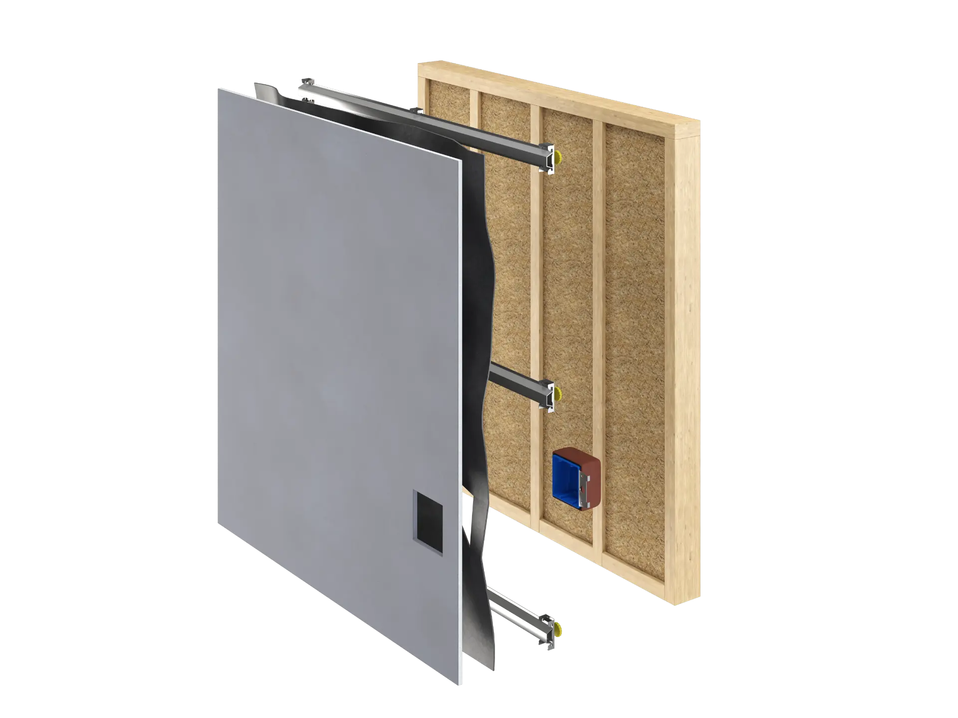 Exploded 3D diagram of a soundproof wall assembly — regular studs with putty pads, A237R isolation clips, hat channel, mass-loaded vinyl, and drywall layers