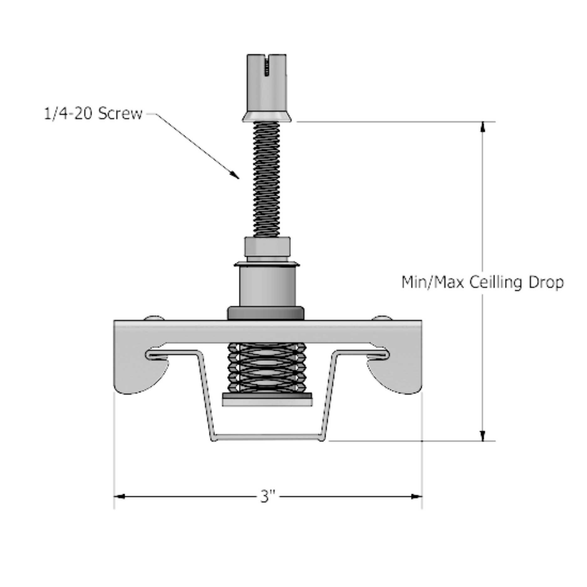RSIC-SI-X ADM Mini Drop-In dimensional drawing — 3 in wide bracket holding one furring channel, with a 1/4-20 screw setting the min/max ceiling drop.