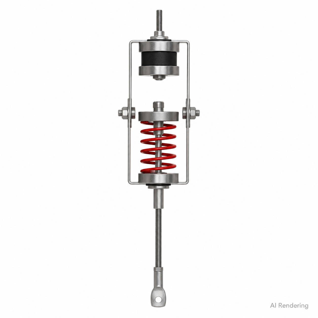 PAC International RSIC-SI-FF-BRW direct-mount ceiling isolator — steel full frame with a red coil spring and rubber element, an upper mounting bracket that fastens to the structure and a lower eye nut for the hanger wire.