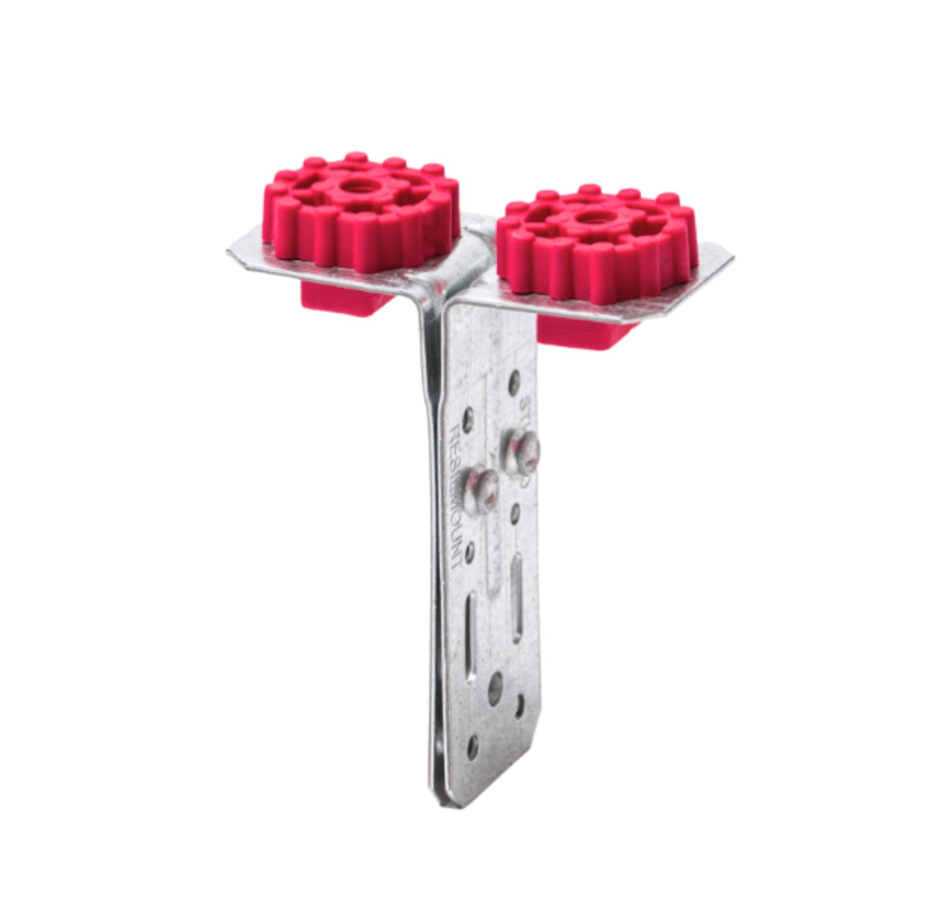 Resilmount A72R double right-angle resilient mounting bracket — galvanized steel bracket with thermoplastic-rubber isolation element, front view.