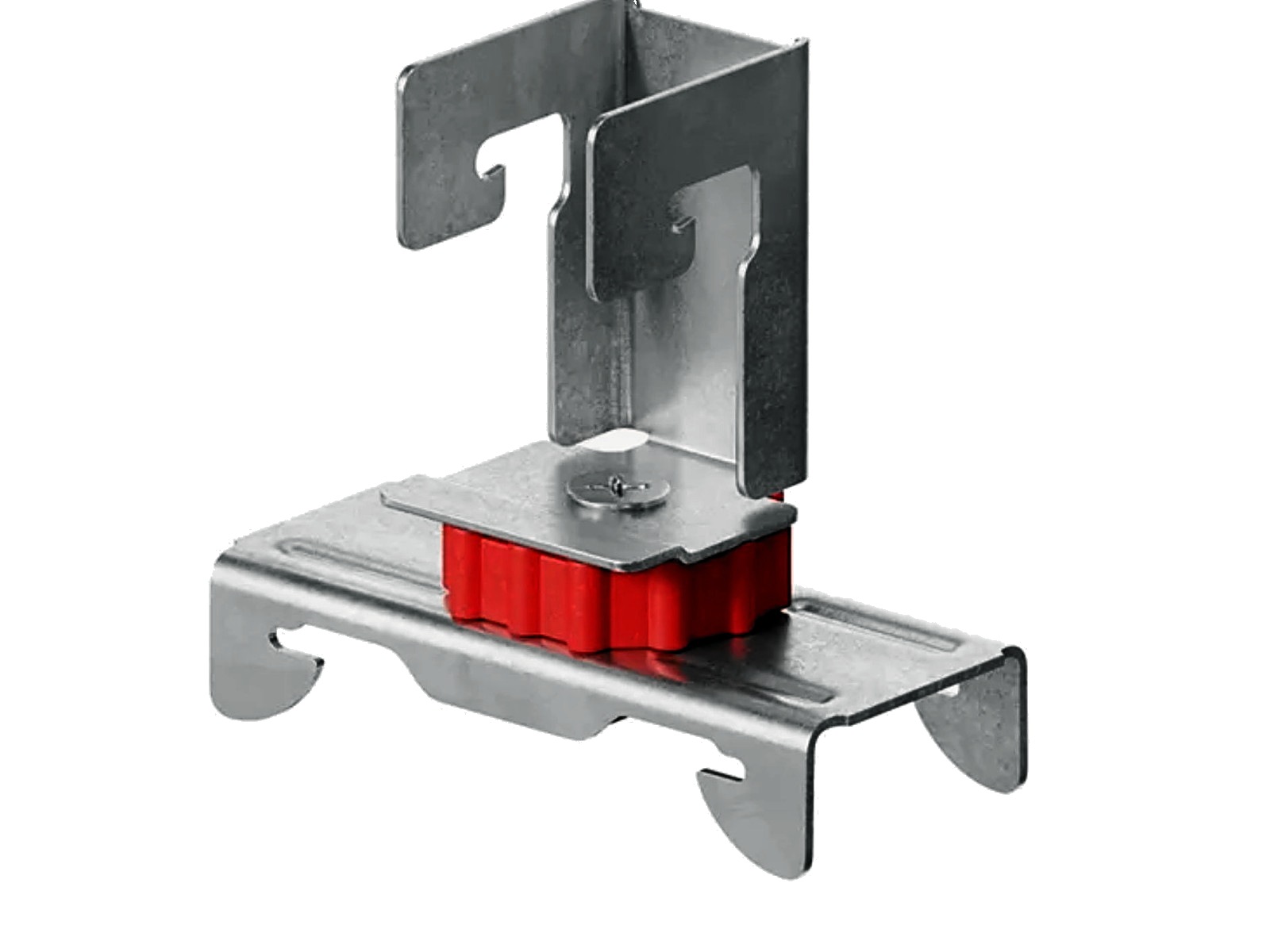Resilmount A237CR ceiling clip — galvanized steel body with red thermoplastic rubber isolator, front view on a white background.