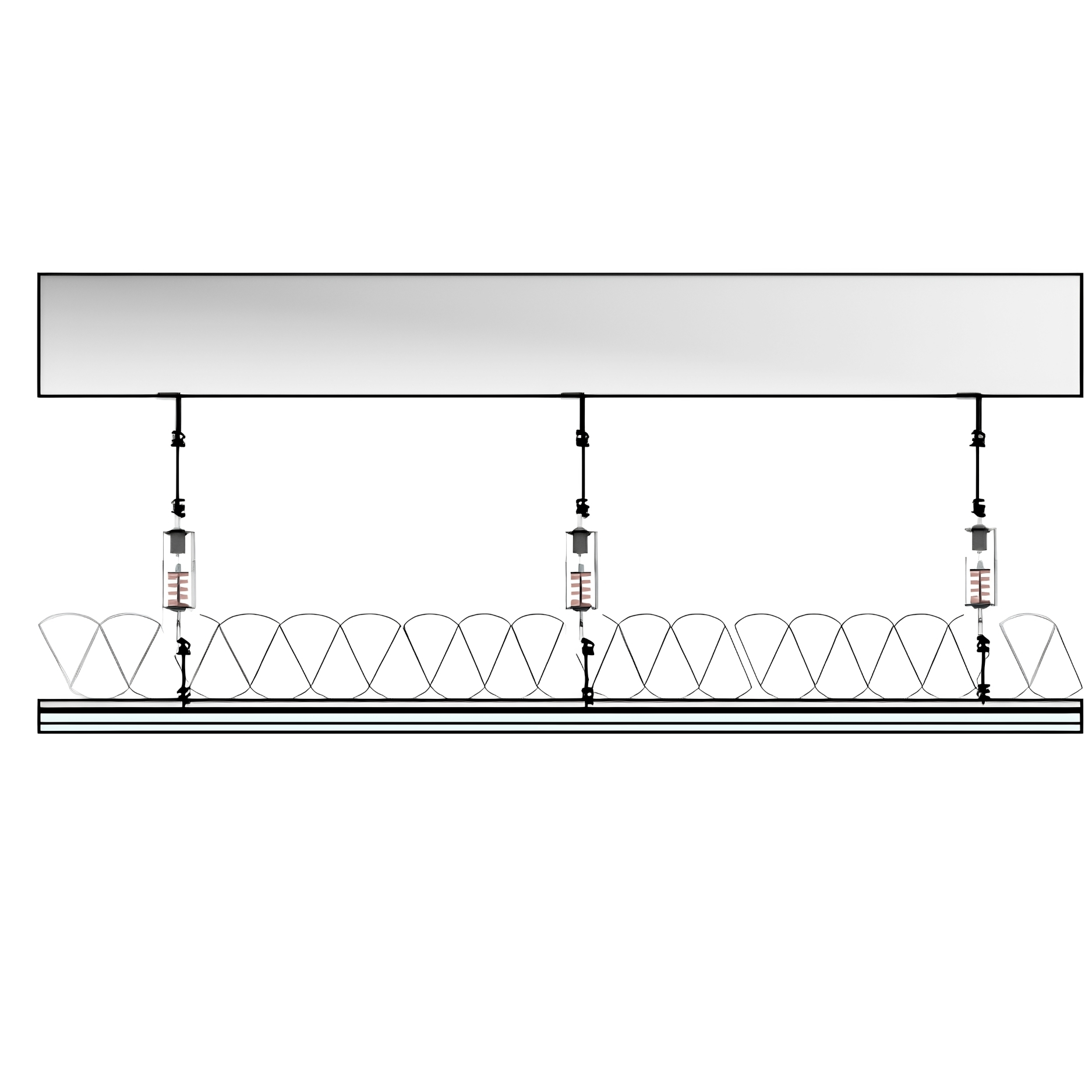 PAC RSIC-SI-FF-WRW installation section: three wire-hung spring isolators drop from the overhead structure on upper hanger wires, with lower hanger wires tied to a suspended drywall grid below batt insulation and gypsum board.