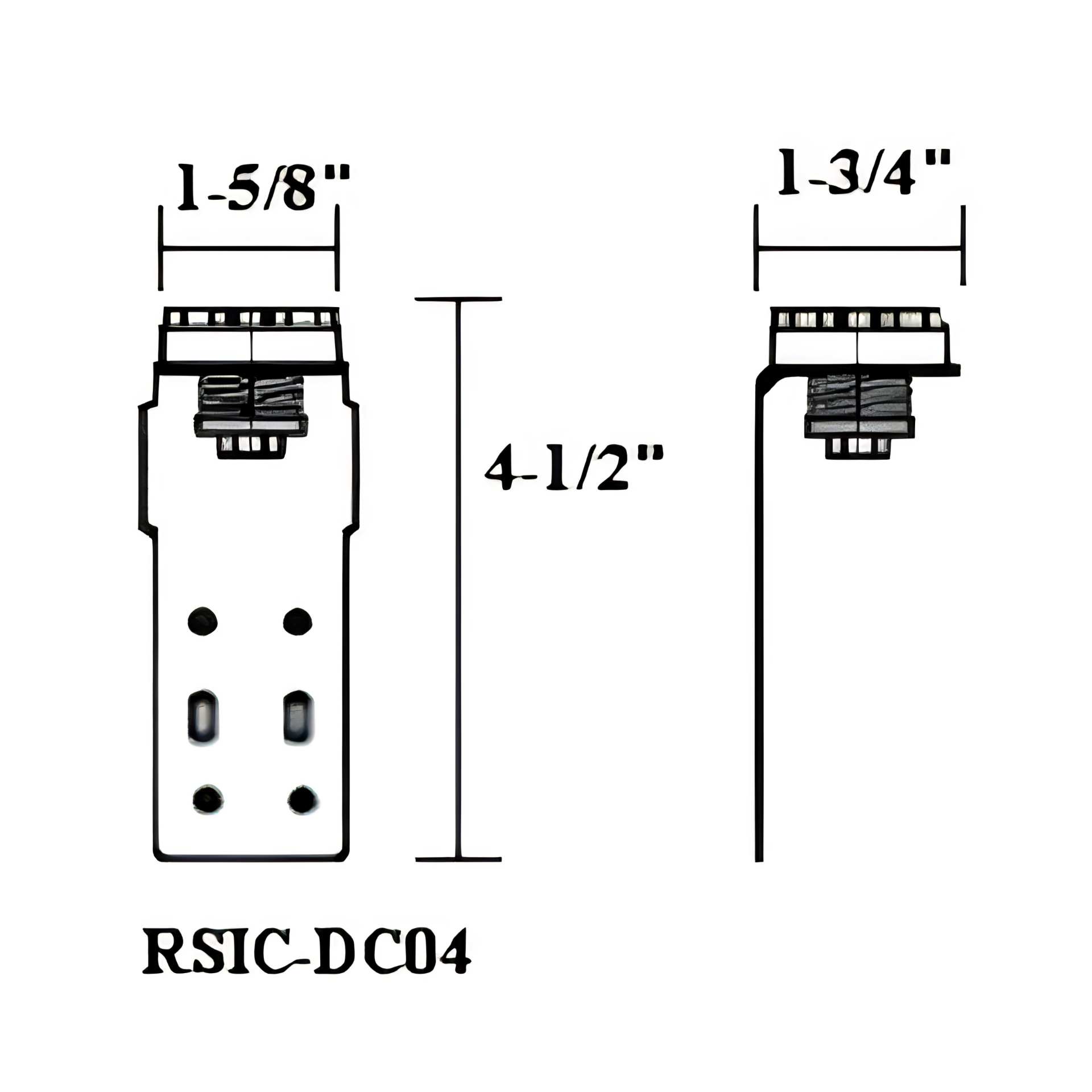 PAC International RSIC-DC04 clip technical drawing — dimensioned front and side elevations showing 1 5/8 in top face width, 1 3/4 in side width, and 4 1/2 in overall height with rubber isolator at top and fastener slots along the mounting leg.