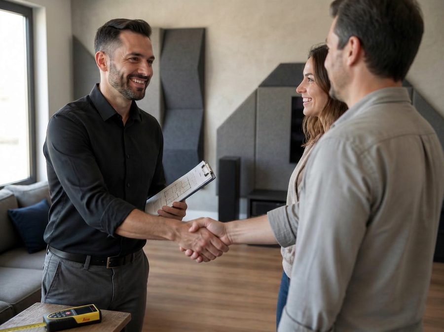 Acoustic consultant shaking hands with clients during an on-site consultation in a finished room.