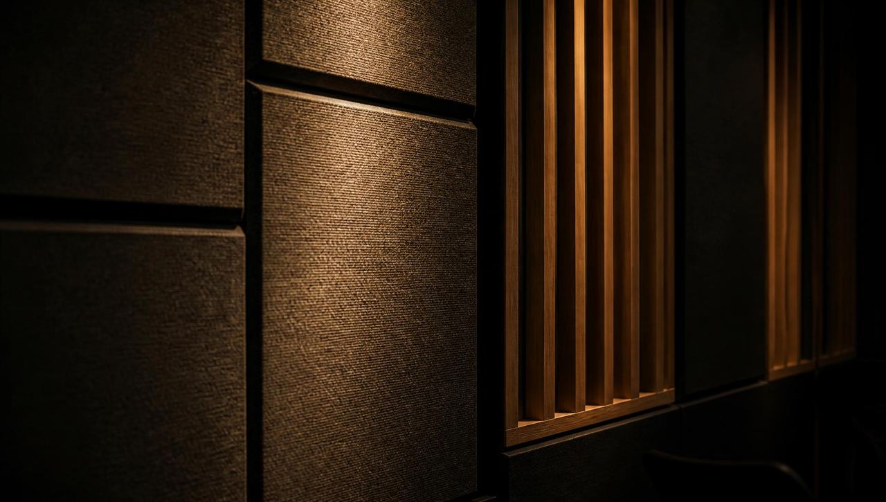 Fabric-wrapped acoustic wall panels beside a backlit wood slat diffuser in a treated studio