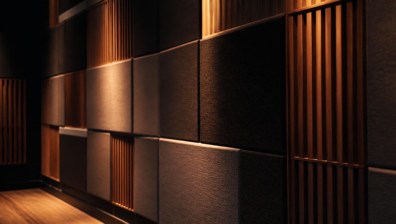 Studio wall of fabric acoustic panels and wood slat diffusers lit by warm grazing light